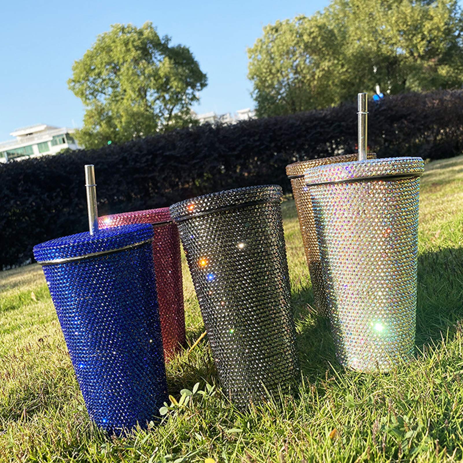 500ml/17oz Stainless Steel Glitter Tumbler with Lid & Straw - Rhinestone Bling Insulated Cup for Cold Drinks & Coffee | Cute Sparkly Travel Mug for Women | Perfect for Office, Gym, Beach & Outdoor Activities (White, 1-Pack)