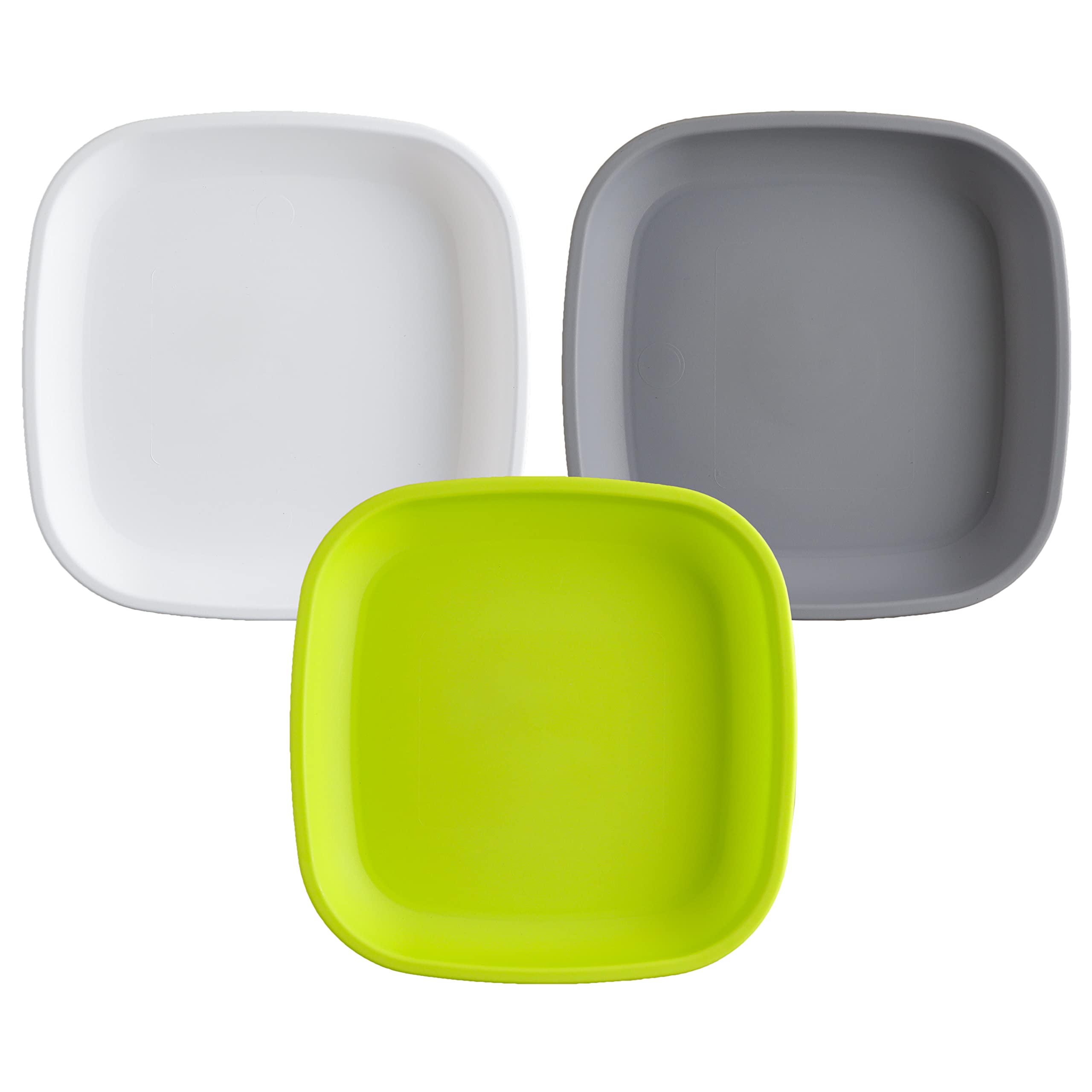 **Eco-Friendly Recycled Plastic Deep Walled Flat Plates (3-Pack) – Dishwasher & Microwave Safe, BPA-Free – White, Grey & Lime Green – Made in USA | Perfect for Family Dinners, Picnics & Sustainable Living**
