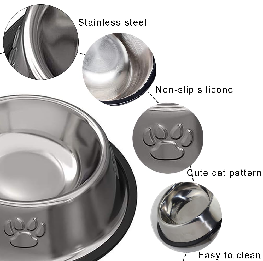 Premium Stainless Steel Cat & Dog Bowls 2-Pack - Non-Slip Rubber Base Pet Food & Water Dishes for Indoor Cats & Small Dogs - Perfect for Home, Kitchen, or Travel Use