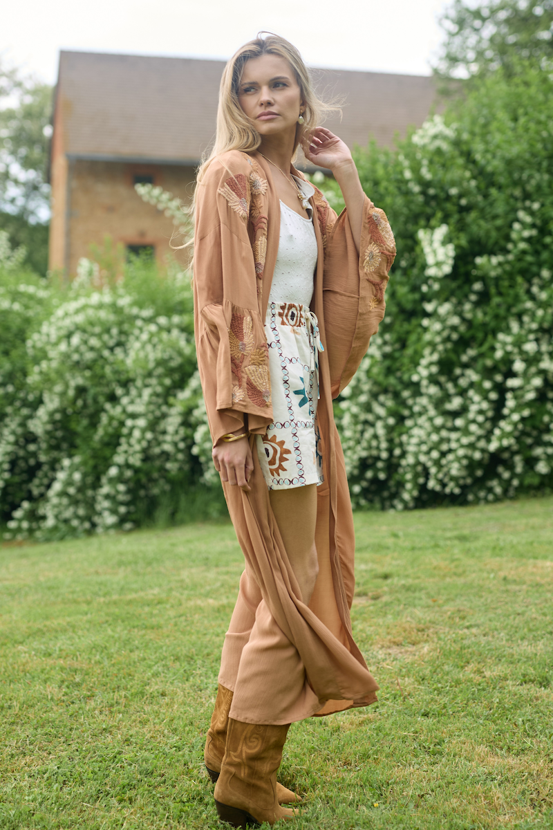 Floral Embellished Long Kimono Robe - Elegant Boho Cover Up for Women - Perfect for Beach, Pool, Vacation & Loungewear