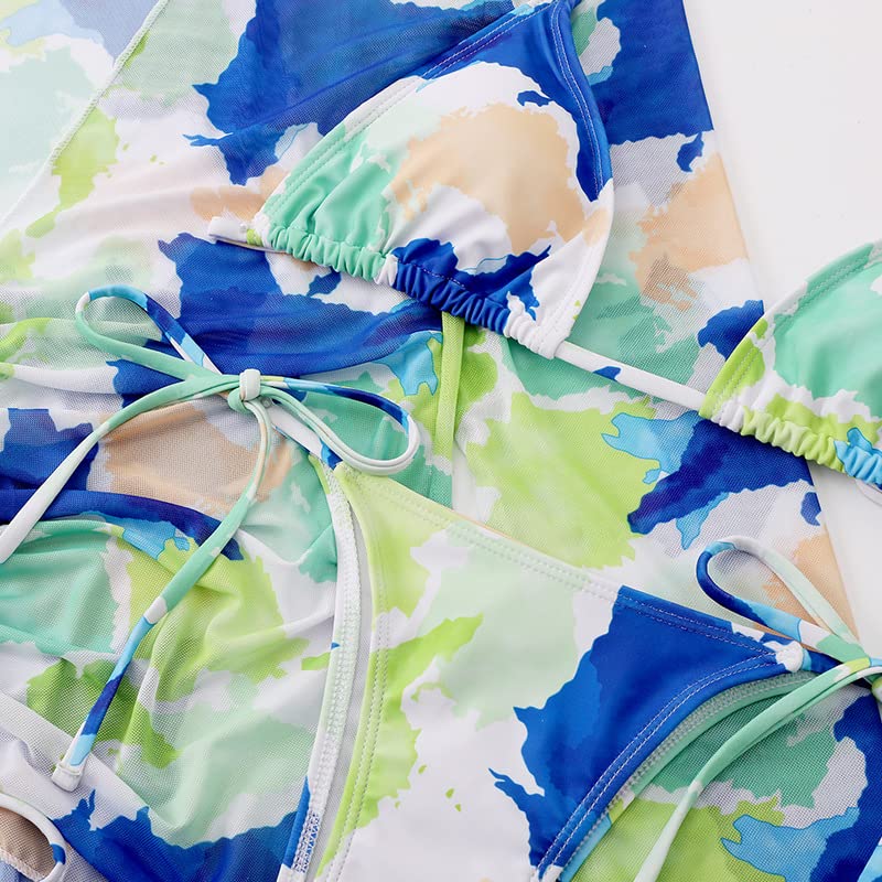Women's 3 Piece Printed Triangle Halter Bikini Set with Drawstring Long Sleeves Mesh Beach Cover Up - Sexy Swimwear for Summer Vacation, Pool Party & Tropical Getaway