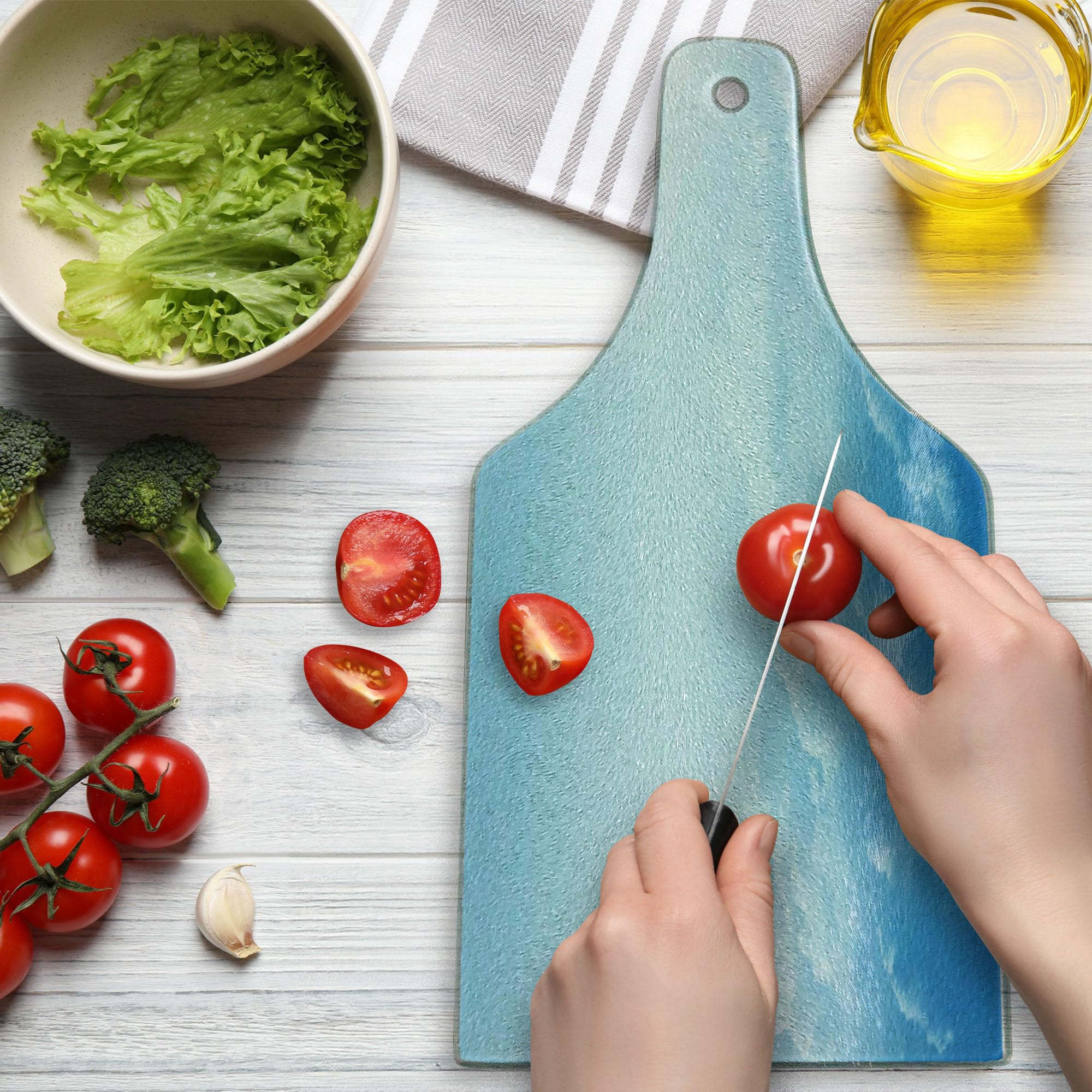 Ambesonne Clouds Tempered Glass Cutting Board - Wine Bottle Shape, Blue & White Design for Kitchen & Serving - Perfect for Cheese, Charcuterie & Entertaining