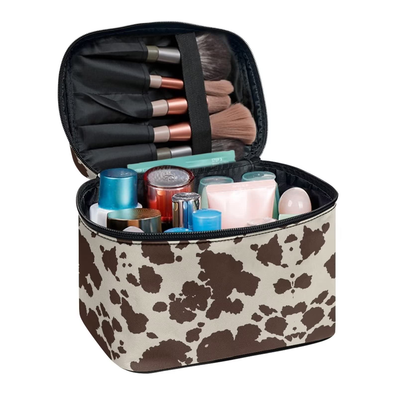 Stylish Brown Cowhide Travel Makeup Bag for Women - Portable Cosmetic Organizer with Carry Handle - Perfect for Toiletries Storage, Weekend Getaways & Airplane Essentials
