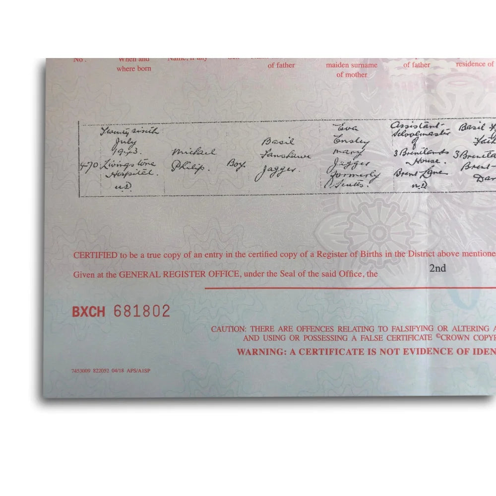 Mick Jagger Authentic UK Birth Certificate Copy - Official Rolling Stones Memorabilia for Collectors & Fans - Perfect for Framing, Display, and Music Memorabilia Collections