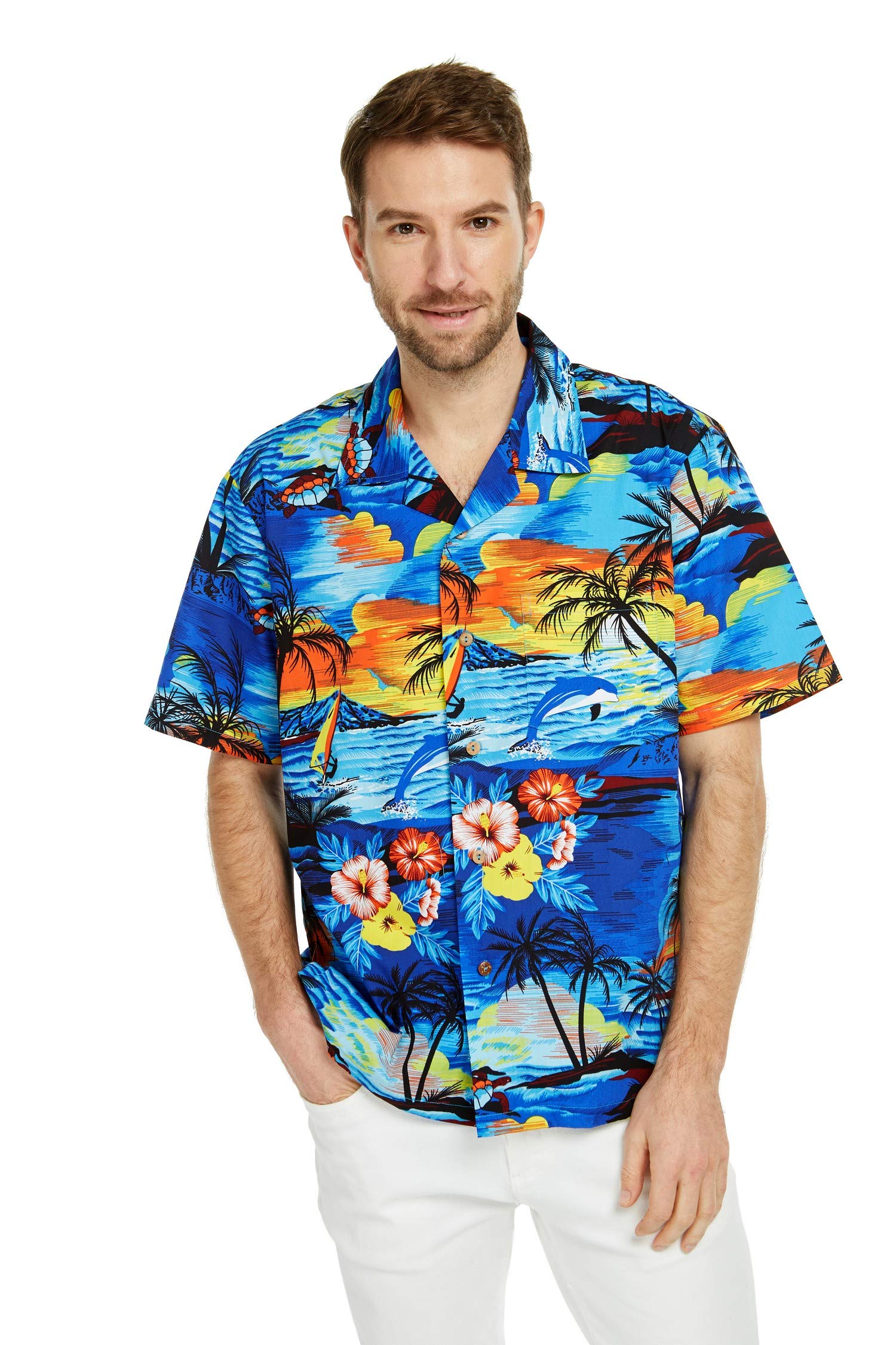 Vintage Matching Father Daughter Hawaiian Luau Dance Shirts & Dresses - Sunset Dolphin Print Aloha Outfits for Beach Party, Family Vacation, and Tropical Themed Events
