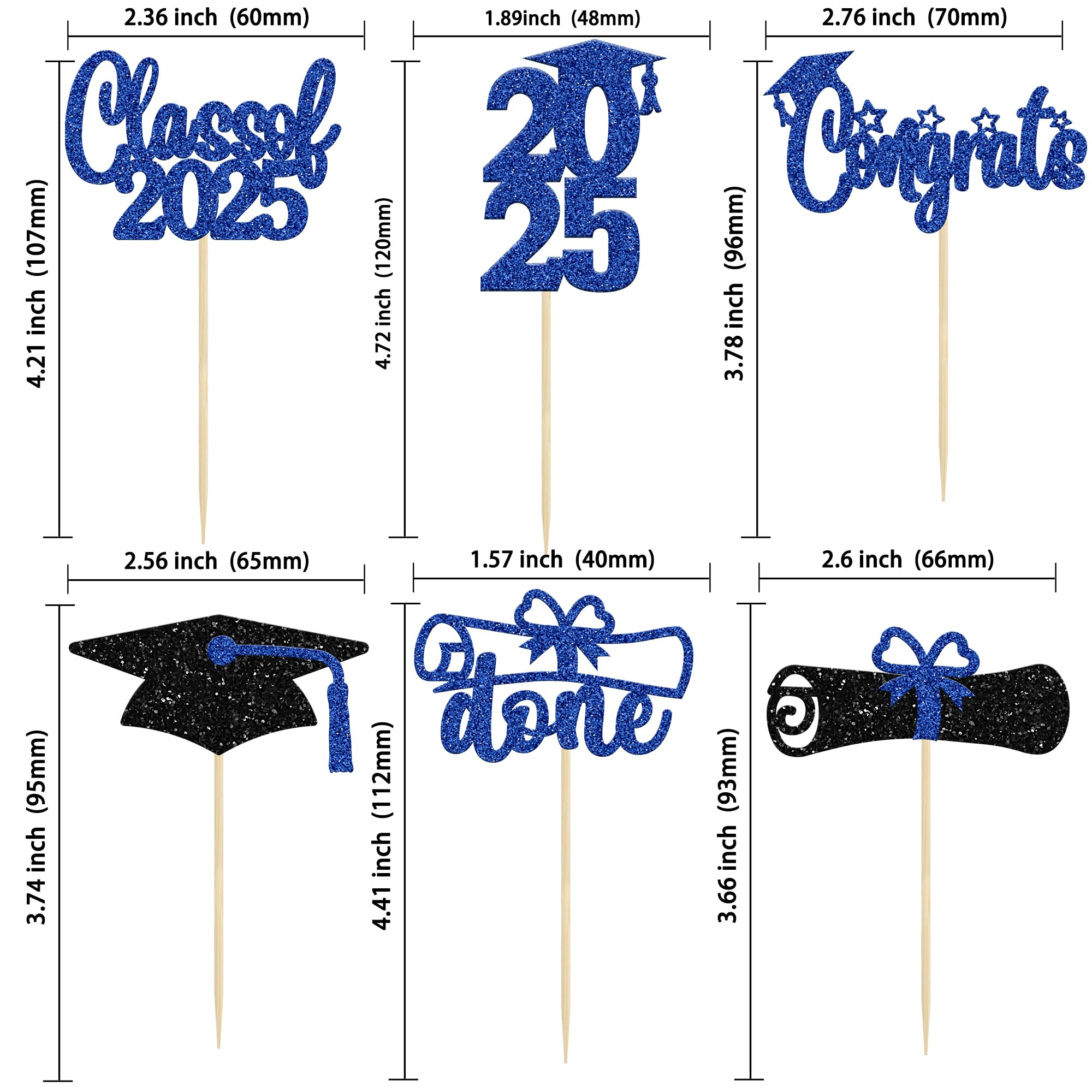 24 Pack 2025 Graduation Cupcake Toppers - Blue Glitter Congrats Class of 2025 Diploma Grad Cap Cake Decorations - Perfect for Graduation Party, School Celebration & Dessert Table Decor