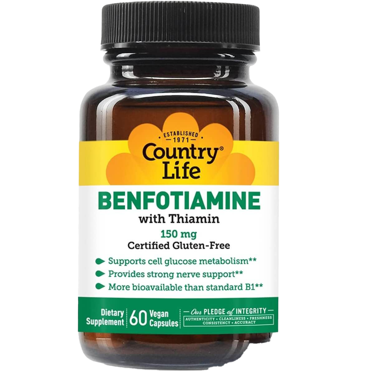 Country Life Benfotiamine with Thiamin 150mg - 60 Vegan Capsules for Nerve Support & Blood Sugar Balance | Dietary Supplement for Diabetic Neuropathy & Healthy Metabolism