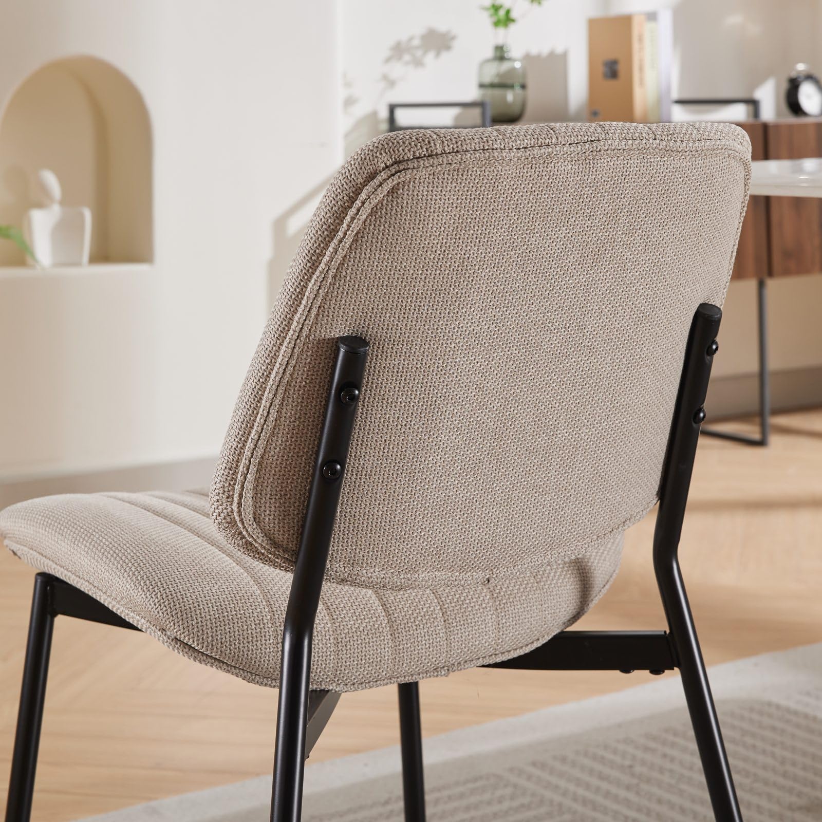Mid-Century Modern Dining Chairs Set of 2 - Upholstered Retro Linen Chairs with Walnut Bentwood Back & Metal Legs, Adjustable Feet for Kitchen, Dining Room - Beige Vertical Stripes (Perfect for Small Spaces & Contemporary Home Decor)