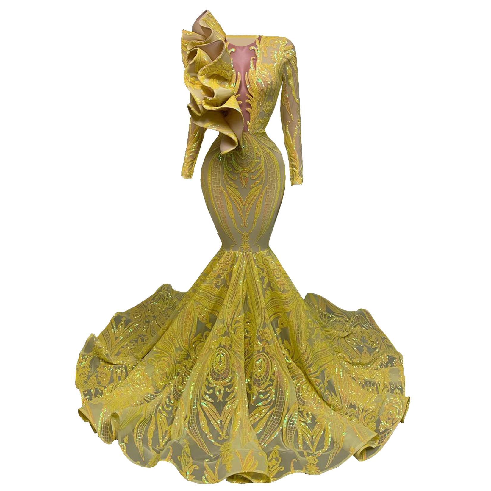 Lithmbridal Sexy Sheer O-Neck Long Sleeve Mermaid Yellow Sequin Prom Dress for African American Women - Perfect for Homecoming, Pageants & Evening Parties