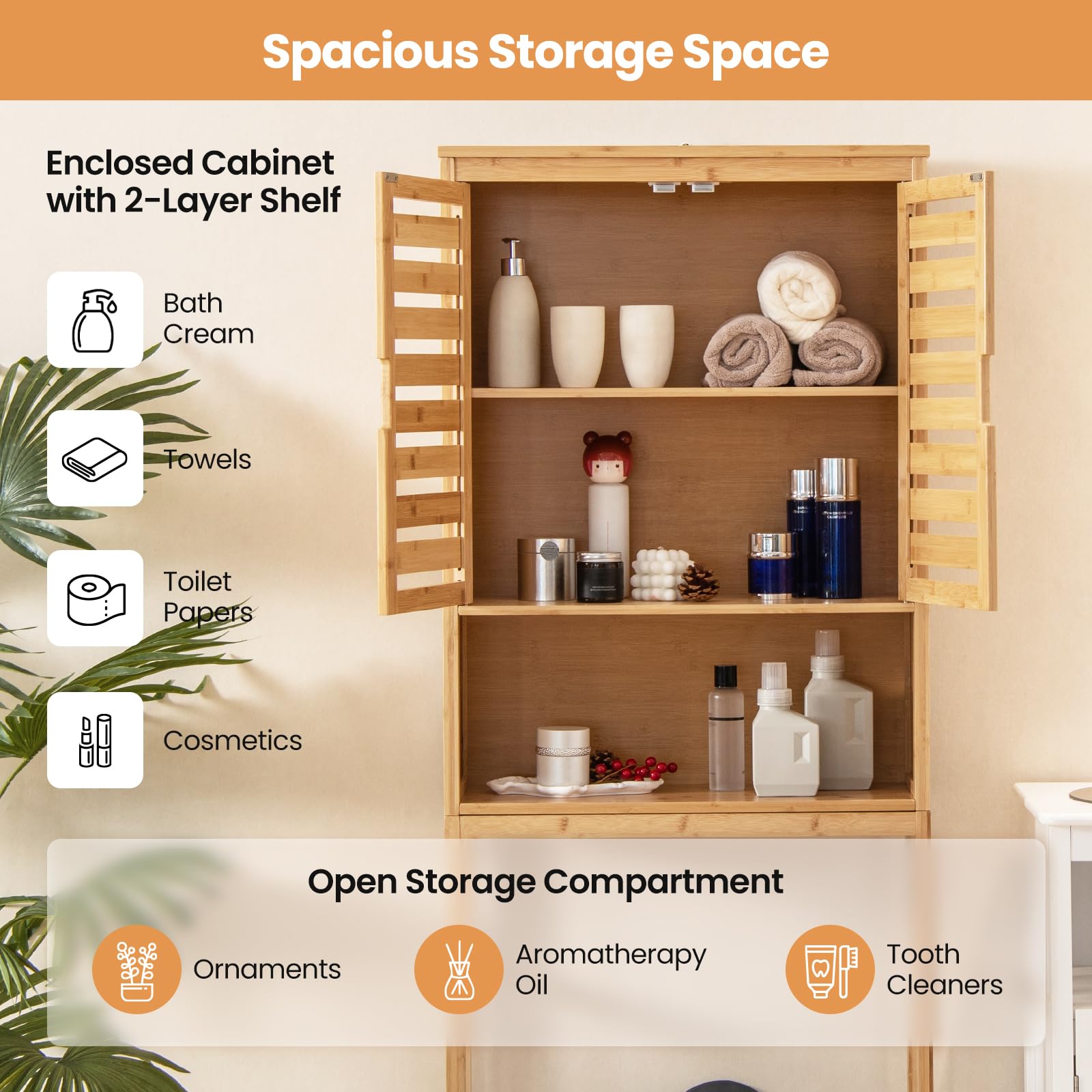 Giantex Over The Toilet Storage Cabinet - Bamboo Freestanding Bathroom Organizer with Shelves & Louver Doors | Anti-Tipping Design, Bottom Crossbar for Stability | Space Saving Toilet Rack for Towels, Toiletries & Bathroom Essentials | Perfect for Small Bathrooms, Apartments & Powder Rooms