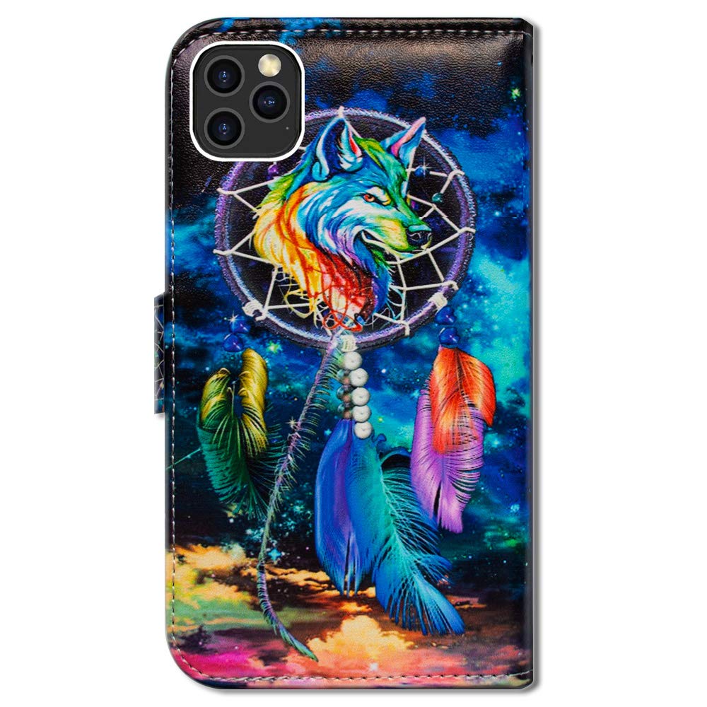 Premium Leather Flip Wallet Case for iPhone 12 Pro Max - Dream Catcher Wolf Sky Design with Card Slots & Kickstand | Protective Phone Cover for Everyday Use, Travel & Business Meetings