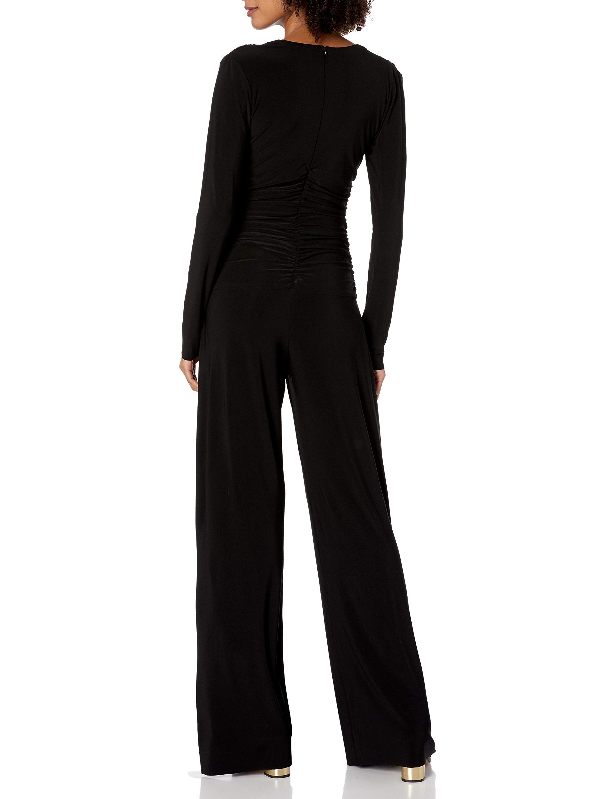 Norma Kamali Women's V-Neck Long Sleeve Shirred Waist Jumpsuit - Elegant One-Piece Outfit for Work, Party & Special Occasions