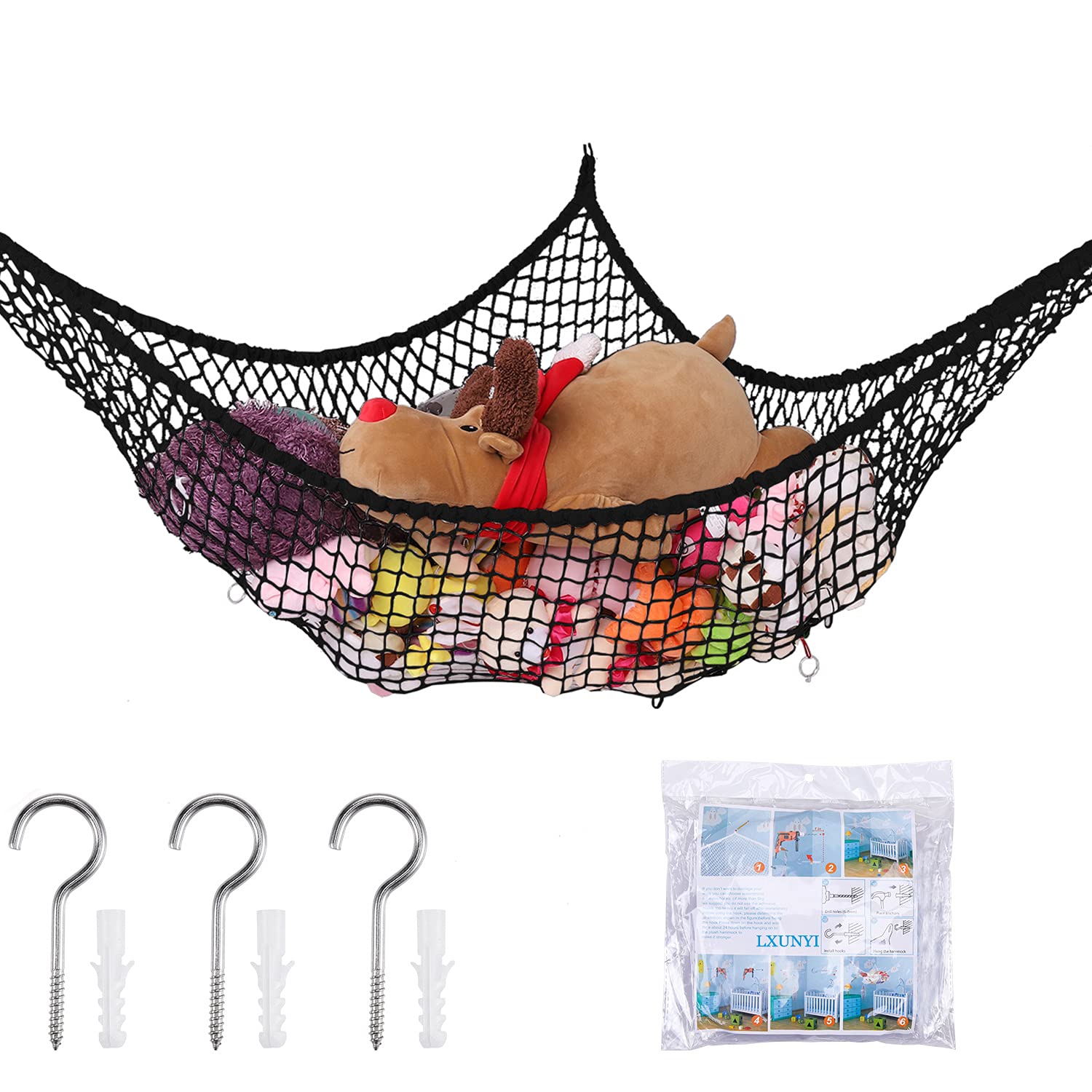 LXUNYI 84-Inch Large Mesh Toy Hammock - Stuffed Animal Storage Net Organizer for Kids' Bedroom, Wall Corner Space Saver | Perfect for Plush Toys, Stuffed Animals & Kids Room Decor (Black)