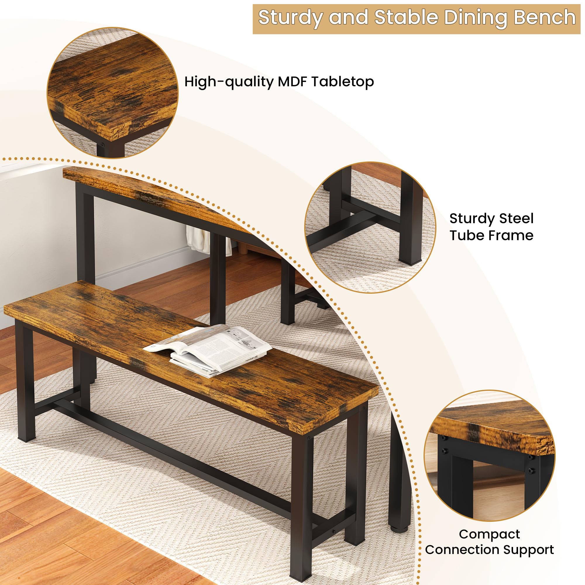 DKLGG 39 Inch Rustic Brown Dining Benches Set of 2 - Industrial Metal Leg Kitchen & Entryway Benches for Living Room, Bedroom, Dining Area - Durable & Stable Wooden Seating for Home Decor & Small Space Solutions