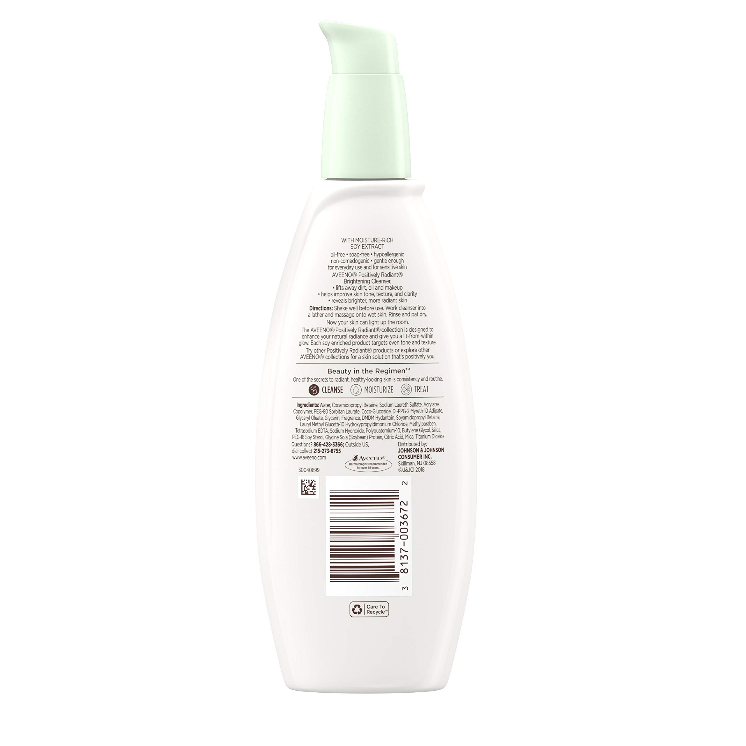 Aveeno Positively Radiant Brightening Facial Cleanser for Sensitive Skin - Non-Comedogenic, Oil-Free & Hypoallergenic Face Wash - 6.7 fl oz (2 Pack) - Gentle Daily Cleansing for Brighter, Healthier Skin