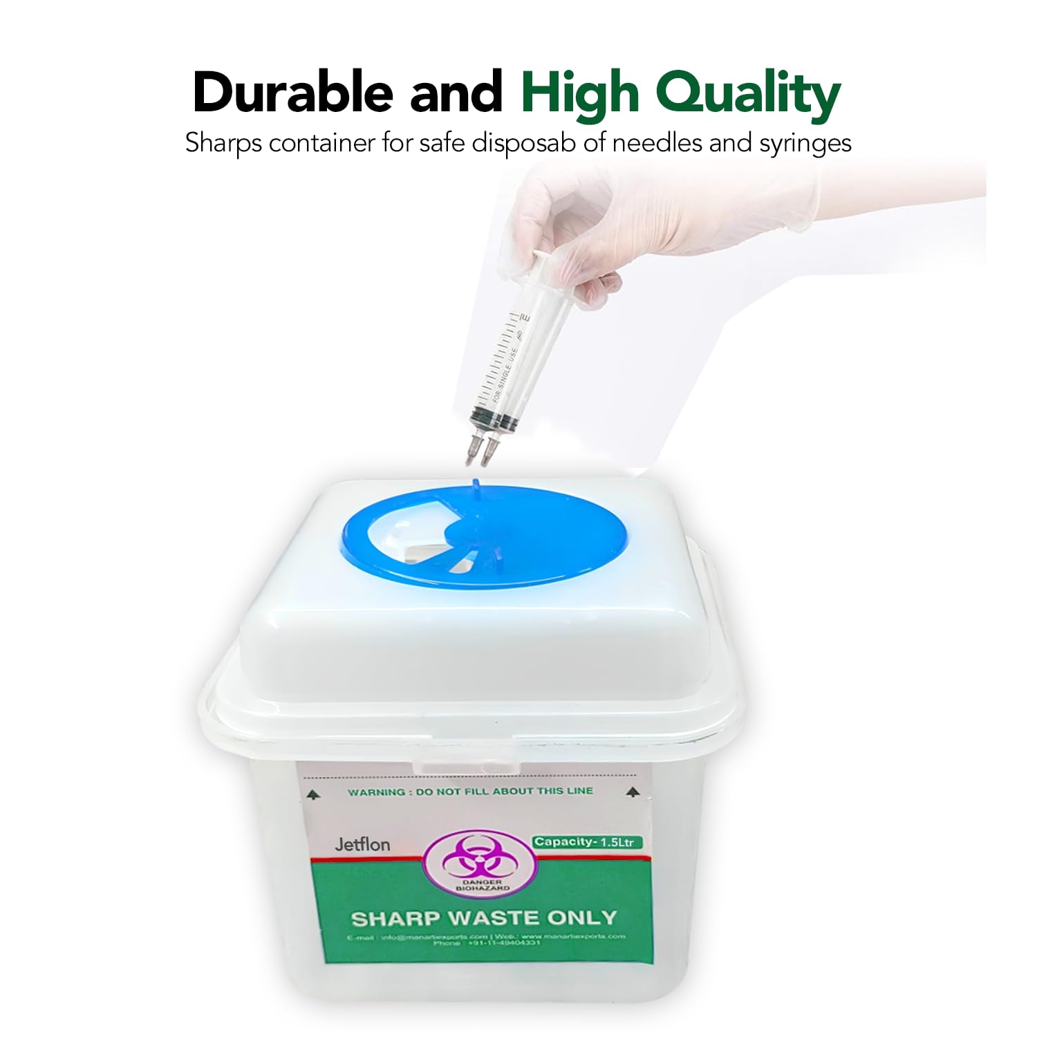Jetflon Sharps Containers - 1.5L Puncture-Proof Biohazard Waste Disposal Box for Needles & Syringes | Safe Medical Waste Management for Clinics, Hospitals & Home Use
