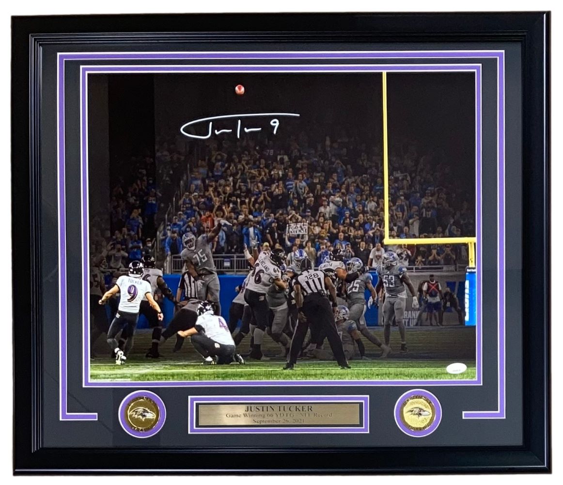 Justin Tucker Autographed Framed 16x20 Baltimore Ravens NFL Record Field Goal Photo with JSA COA - Perfect for Sports Memorabilia Collections, Man Cave Decor, and Ravens Fan Gifts