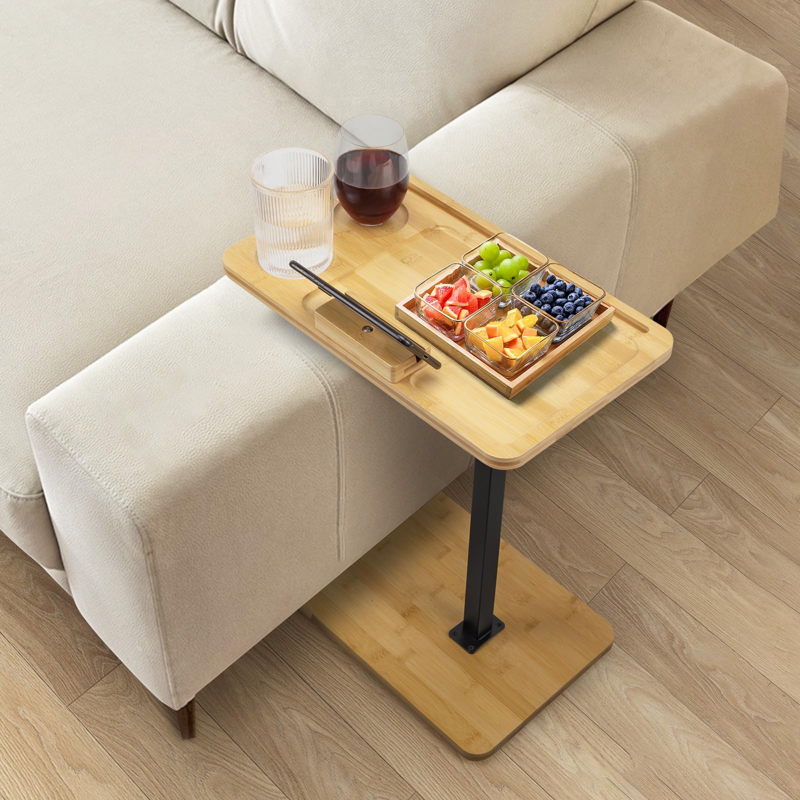 360° Swivel Adjustable Bamboo TV Tray Table with Phone Stand - Thickened Couch Arm Tray for Small Spaces, Recliner, Chair, Bed & Sofa - Perfect for Snacking, Working, Reading & Watching TV in Living Room or Bedroom