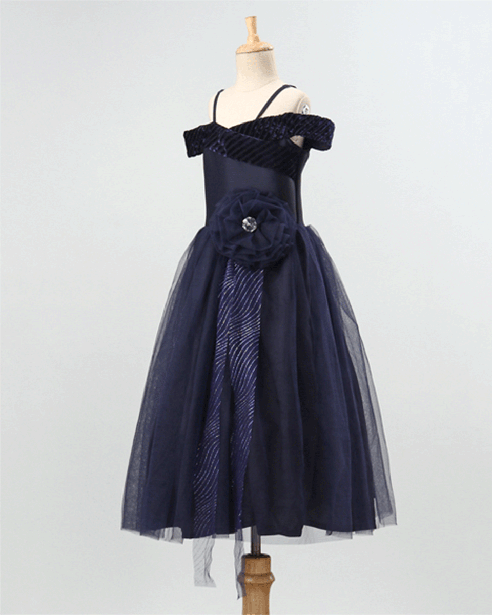 Pre Order: Navy Blue Girls Flower Embellished Party Gown with Net and Crepe Lining | Elegant Flower Girl Dress for Weddings, Birthday Parties & Special Occasions