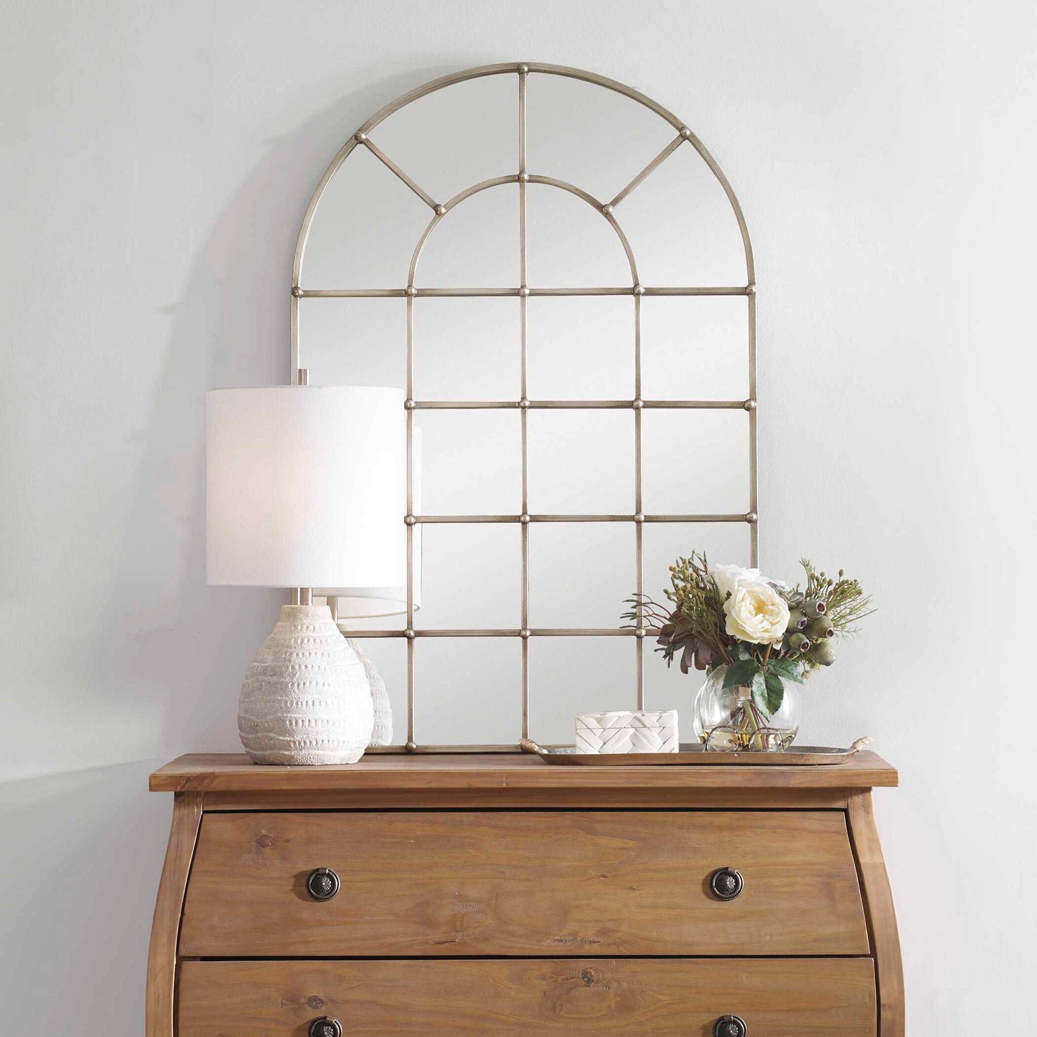 Barwell Arch Window Mirror - Pearl Silver Finish for Elegant Home Decor & Bathroom Vanity