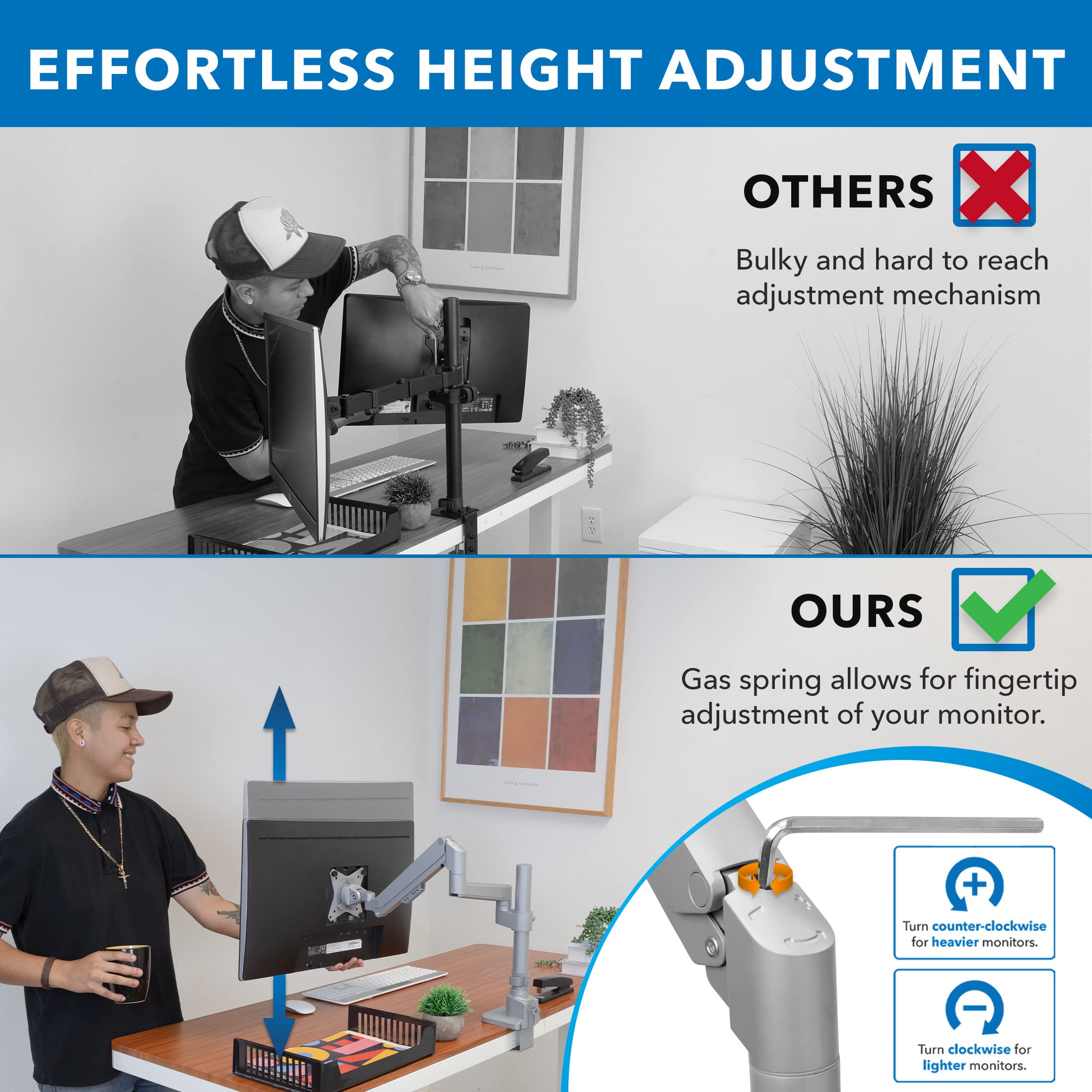 Mount-It! Premium Adjustable Single Monitor Desk Mount - Gas Spring Monitor Arm with Pole Mount | Silver Computer Display Riser for Home & Office Workstations | Ergonomic Height Adjustment for Comfortable Viewing