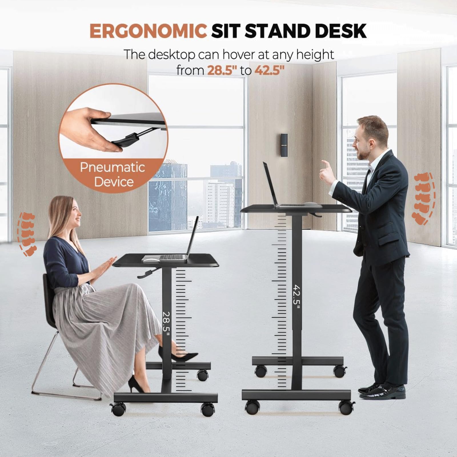 Adjustable Mobile Standing Desk with Wheels - Portable Laptop Computer Cart for Home & Office - Ergonomic Height Adjustable Rolling Workstation (Black) - Perfect for Small Spaces, Remote Work & Classroom Use