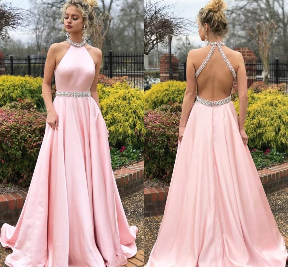 Honeydress Women's Red Halter Beaded Neck Prom Dress - Satin Backless Formal Gown for Graduation, Homecoming & Special Occasions | Elegant Evening Wear for Parties & Dances