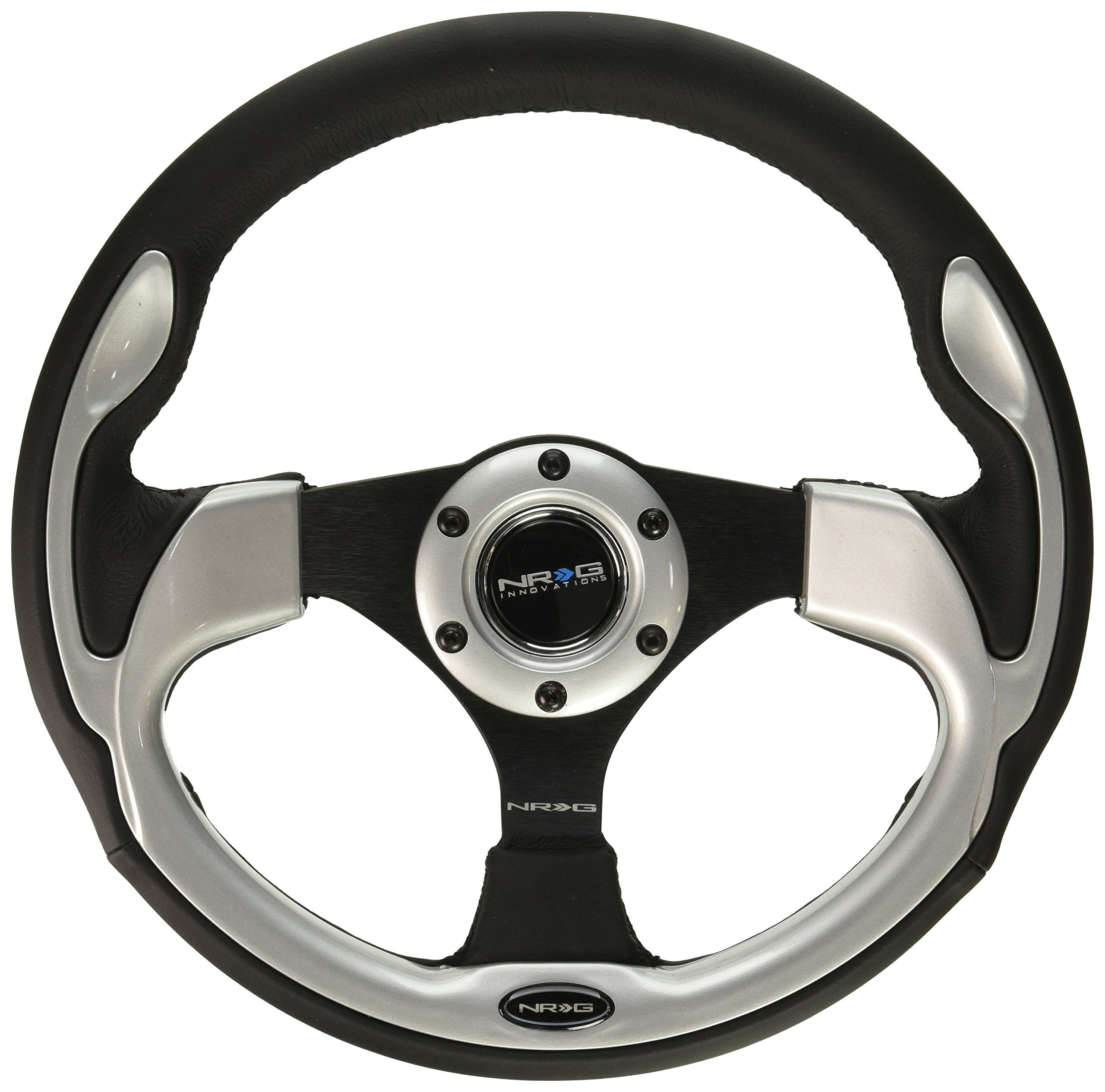NRG Innovations NRG-RST-001SL 320mm Black Leather & Silver Trim Sport Steering Wheel - High Performance Racing Wheel for Drifting, Track Racing & Car Enthusiasts