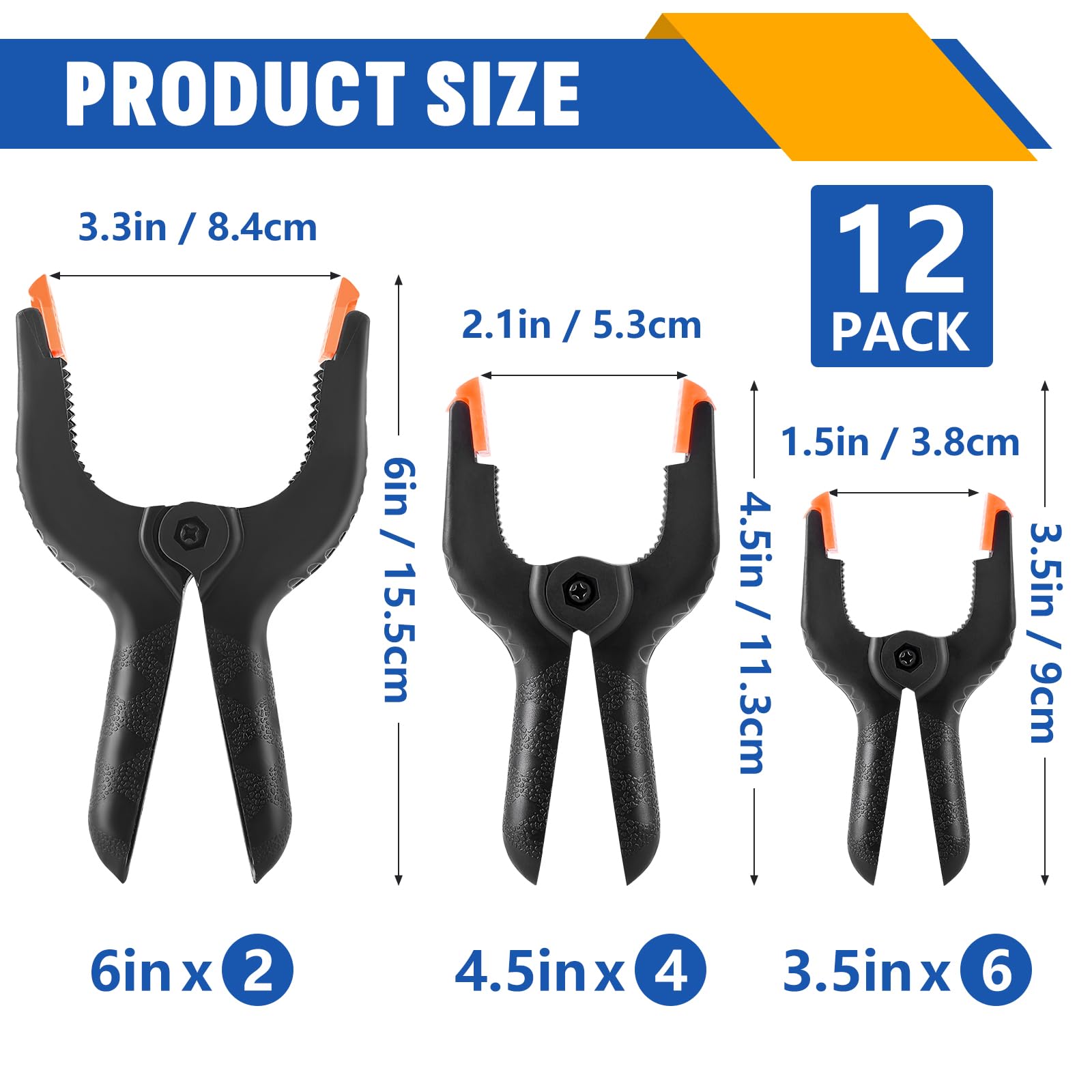 12 Pack Heavy Duty Plastic Spring Clamps Set - 3 Sizes (3.5