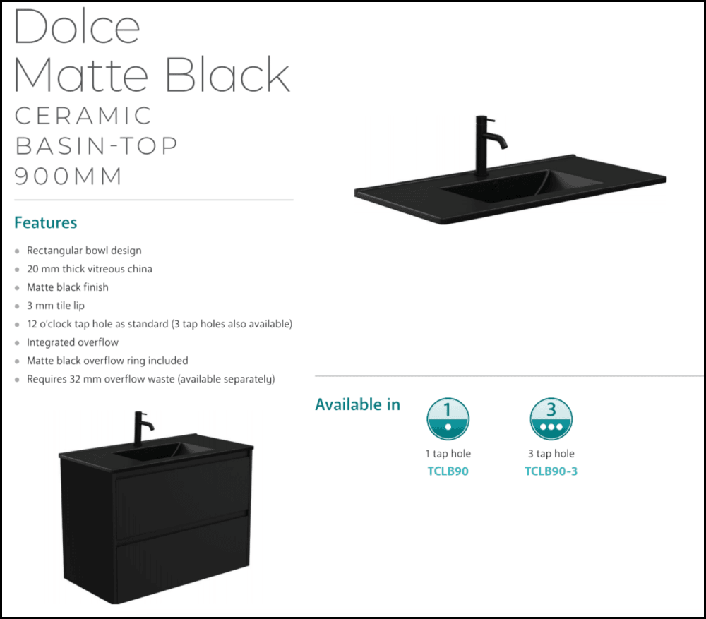 Fienza TCLB90FR 900mm Modern Bathroom Vanity with Dolce Matte Black Fingerpull & Gloss White Finish - Wall Hung Right Drawers Design for Small Bathroom Space Saving