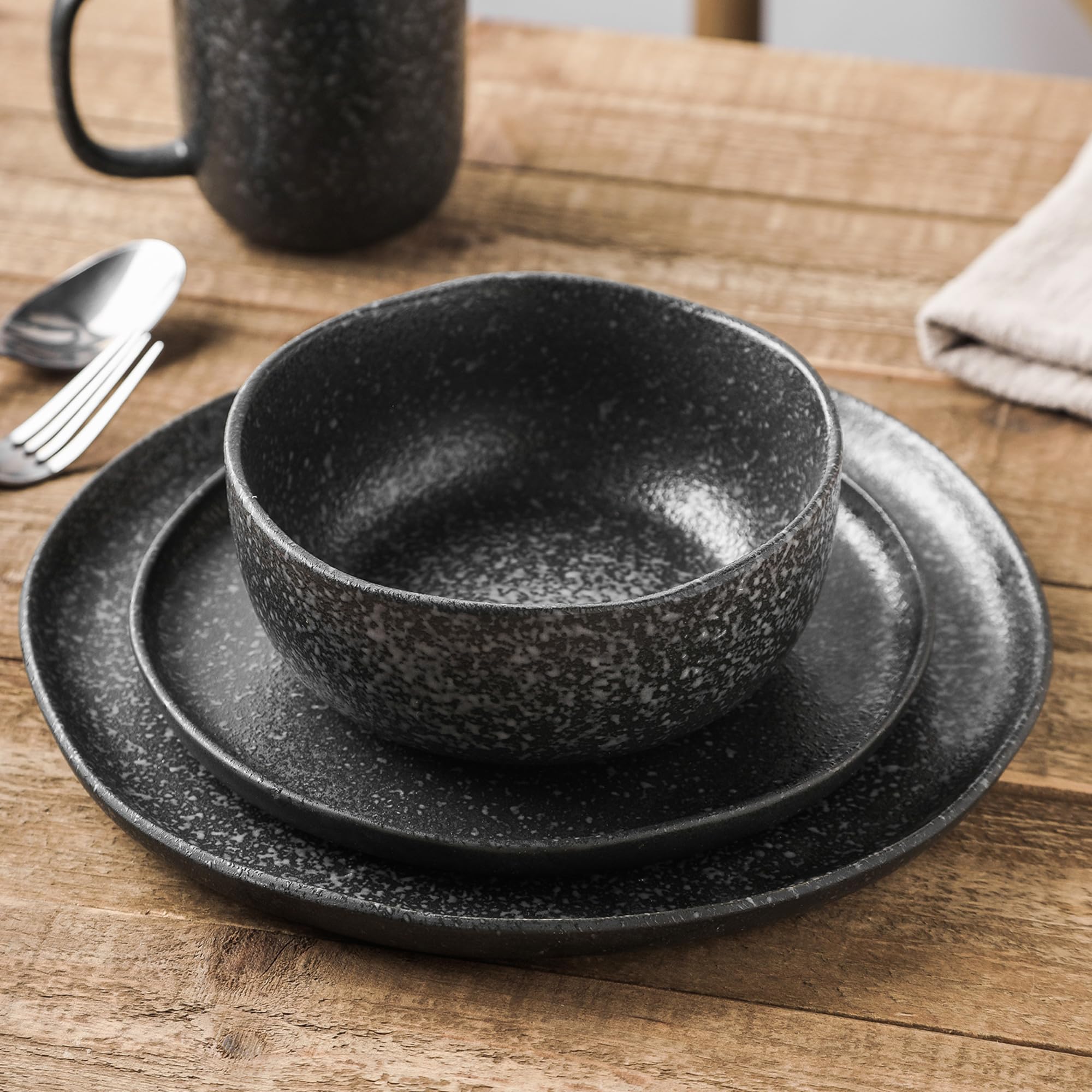 16-Piece Stoneware Dinnerware Set - Reactive Glaze Plates & Bowls for 4 - Microwave & Dishwasher Safe - Black & White - Perfect for Family Dinners, Entertaining Guests & Everyday Use