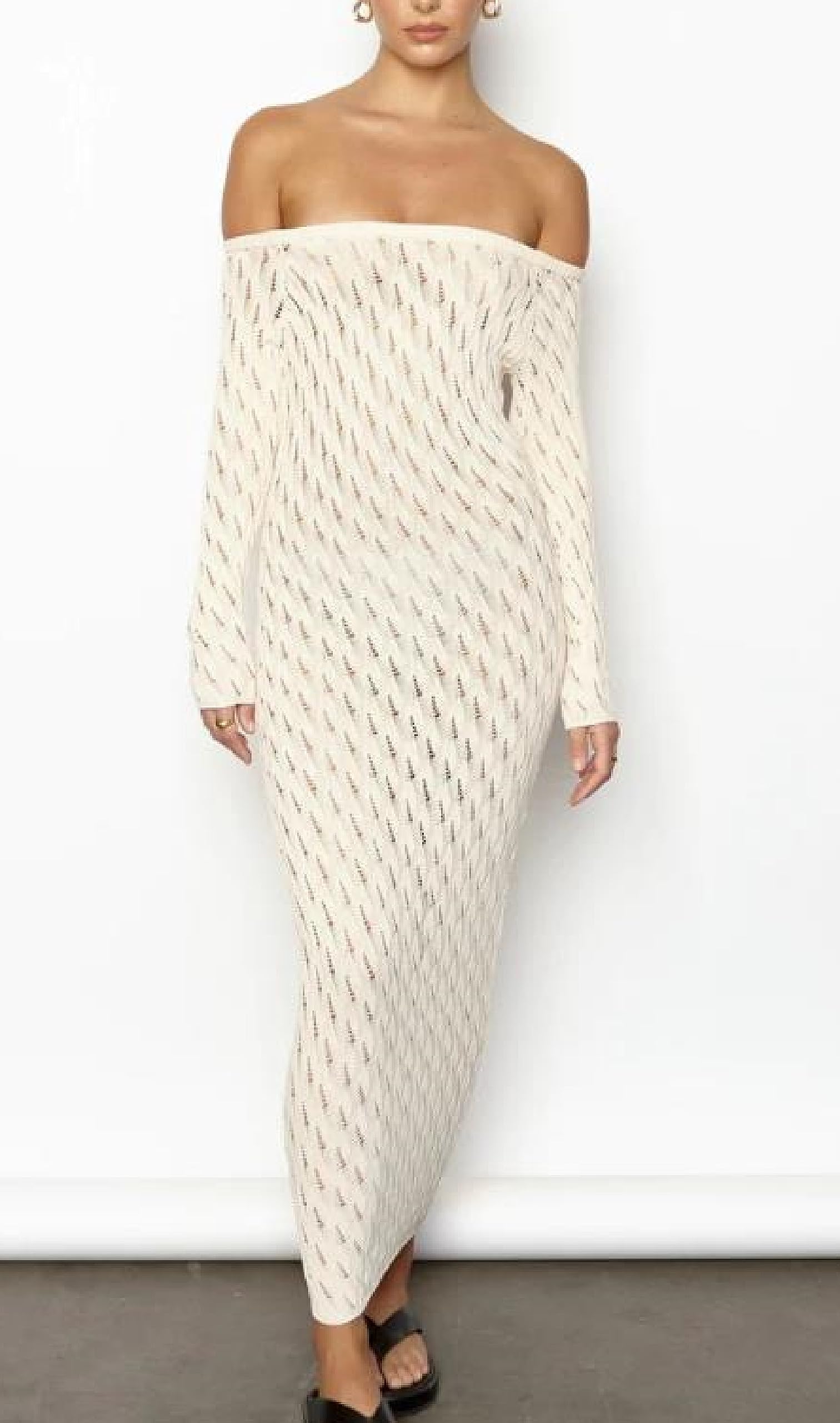 Sexy Off Shoulder Sweater Maxi Dress for Women - Y2K Long Sleeve Ribbed Bodycon Dress, Knitted Slim Pencil Dress for Date Night & Party Wear