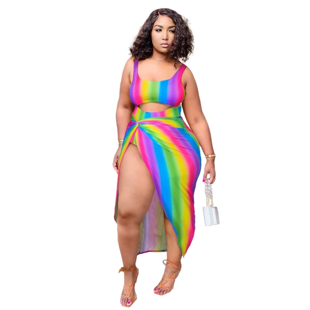 Plus Size Women's Sexy Rainbow Striped Hollow One Piece Swimsuit Dress with Cover Up Set - Beach, Pool & Vacation Swimwear for Curvy Women