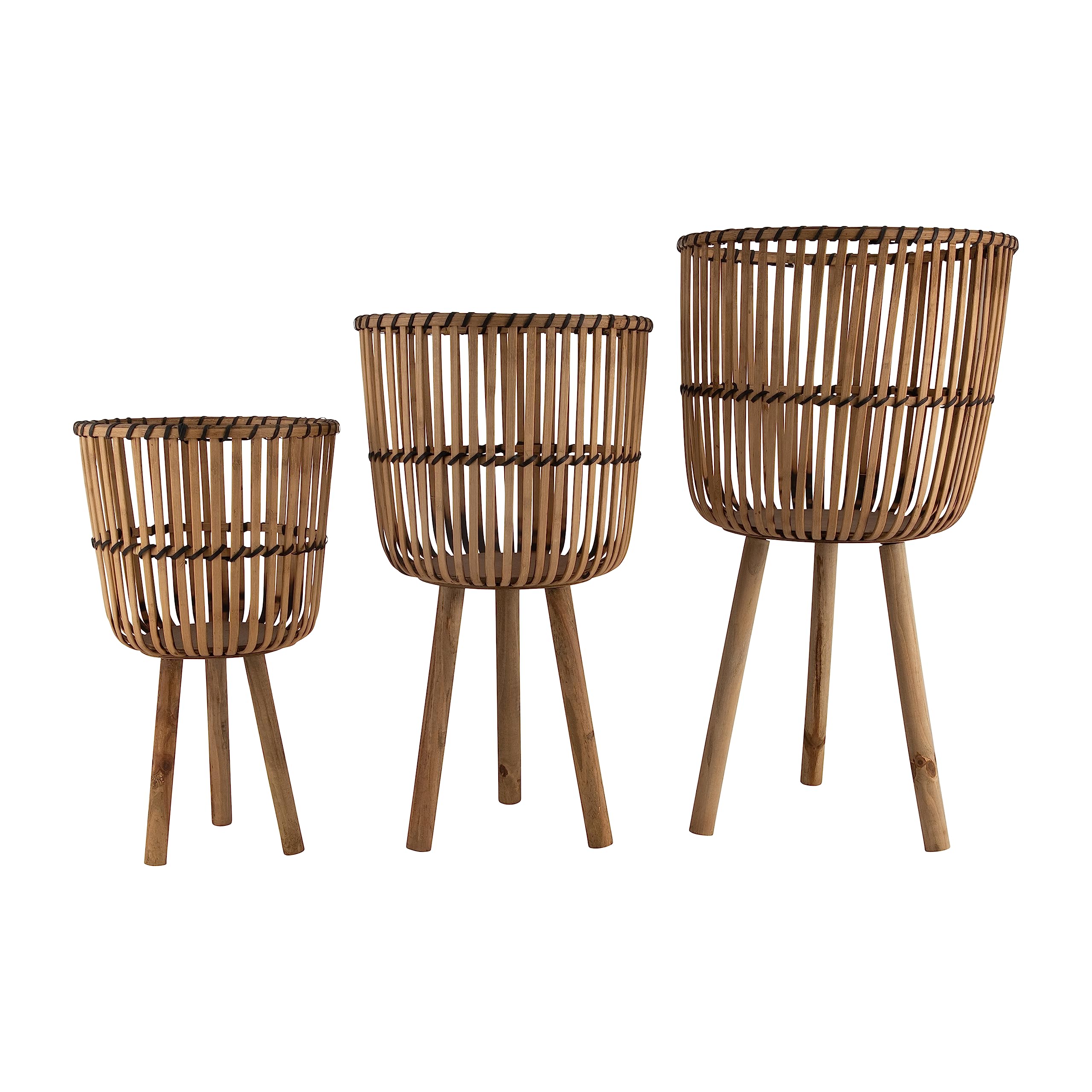 Premium Bamboo Wooden Planters with Stands - Set of 3 Rustic Indoor/Outdoor Plant Pots for Home, Garden, Patio & Office Decor - Natural Brown Planter Boxes for Flowers, Succulents & Herbs