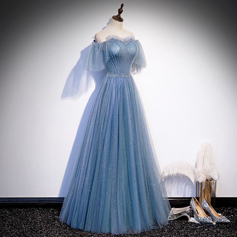 Elegant Off Shoulder Blue A-Line Tulle Prom Dress - Shiny Formal Evening Gown for Homecoming, Wedding & Special Occasions - Style 640