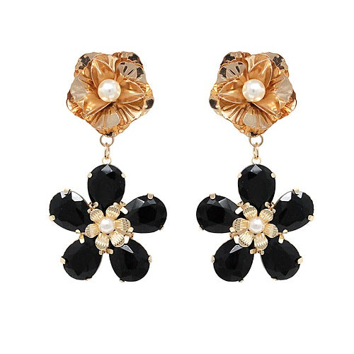 Elegant Black Crystal Bead Flower Earrings for Women - Perfect for Weddings, Parties & Special Occasions