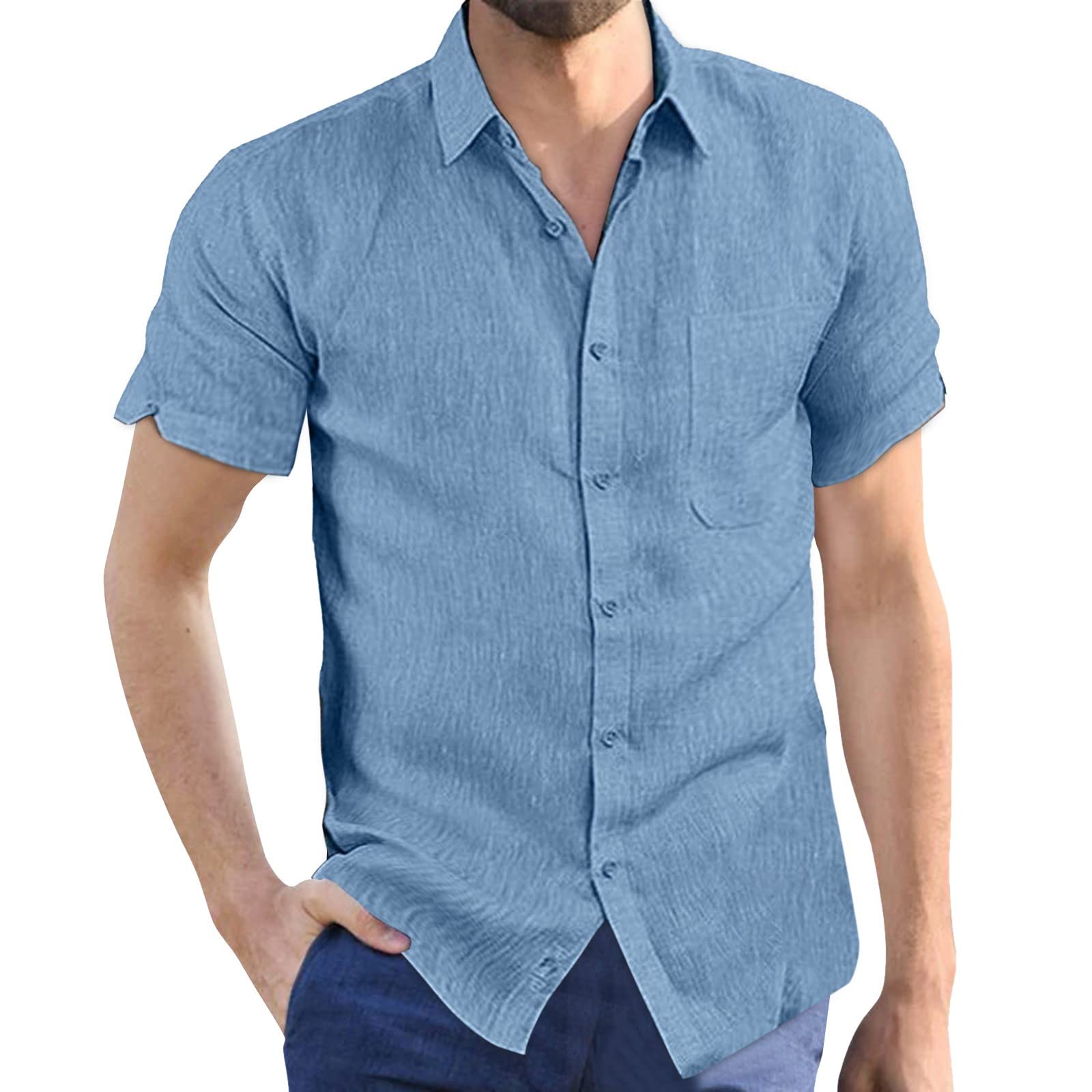 Men's Casual Short Sleeve Lapel Cardigan Shirt Jacket - Button Front Loose Fit Solid Color Blouse for Office & Summer Wear