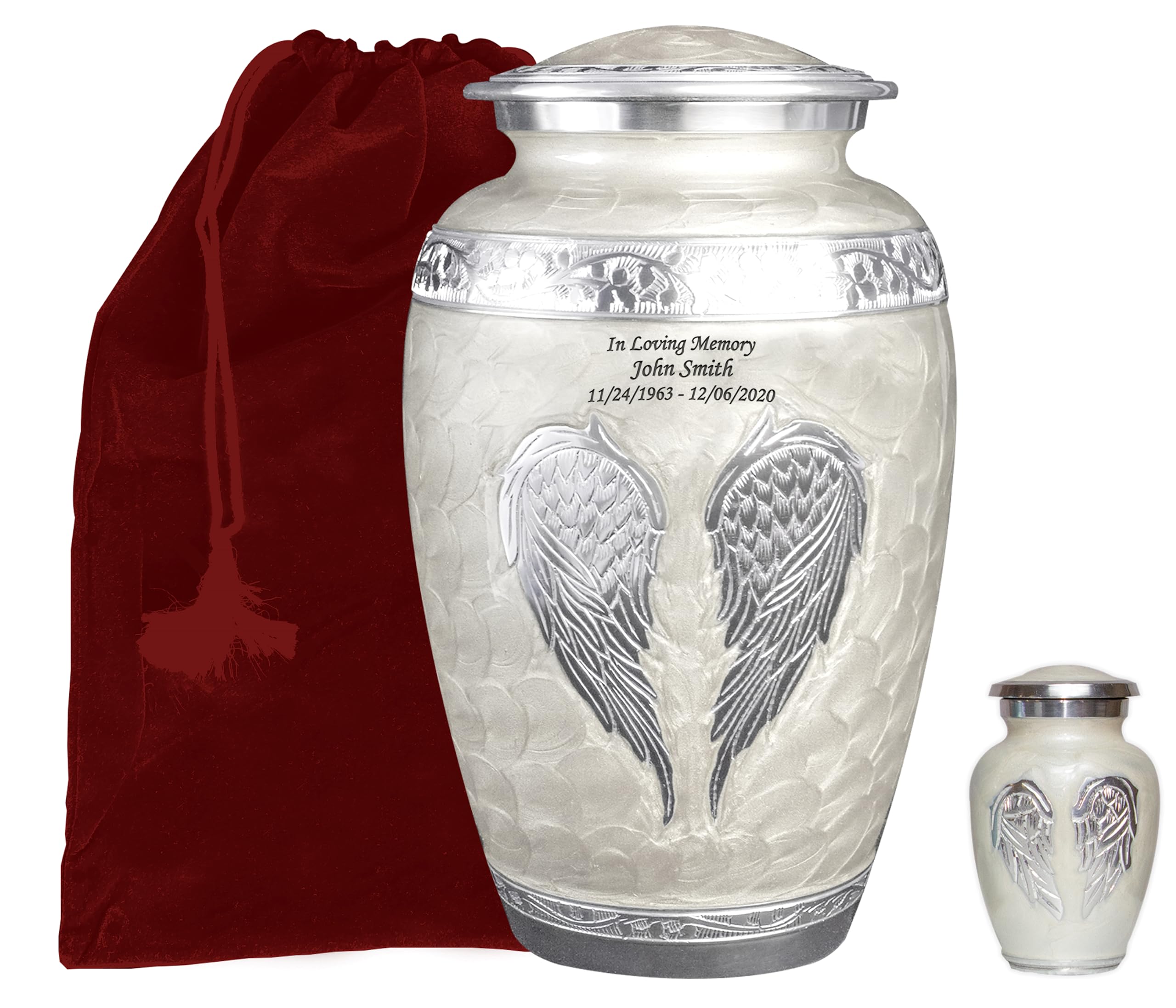 White Angel Wings Funeral Cremation Urn with Matching Keepsake Velvet Bags - Personalized Memorial Urn for Ashes (Pearl White, Large) - Perfect for Funeral Services, Memorial Displays & Home Keepsakes