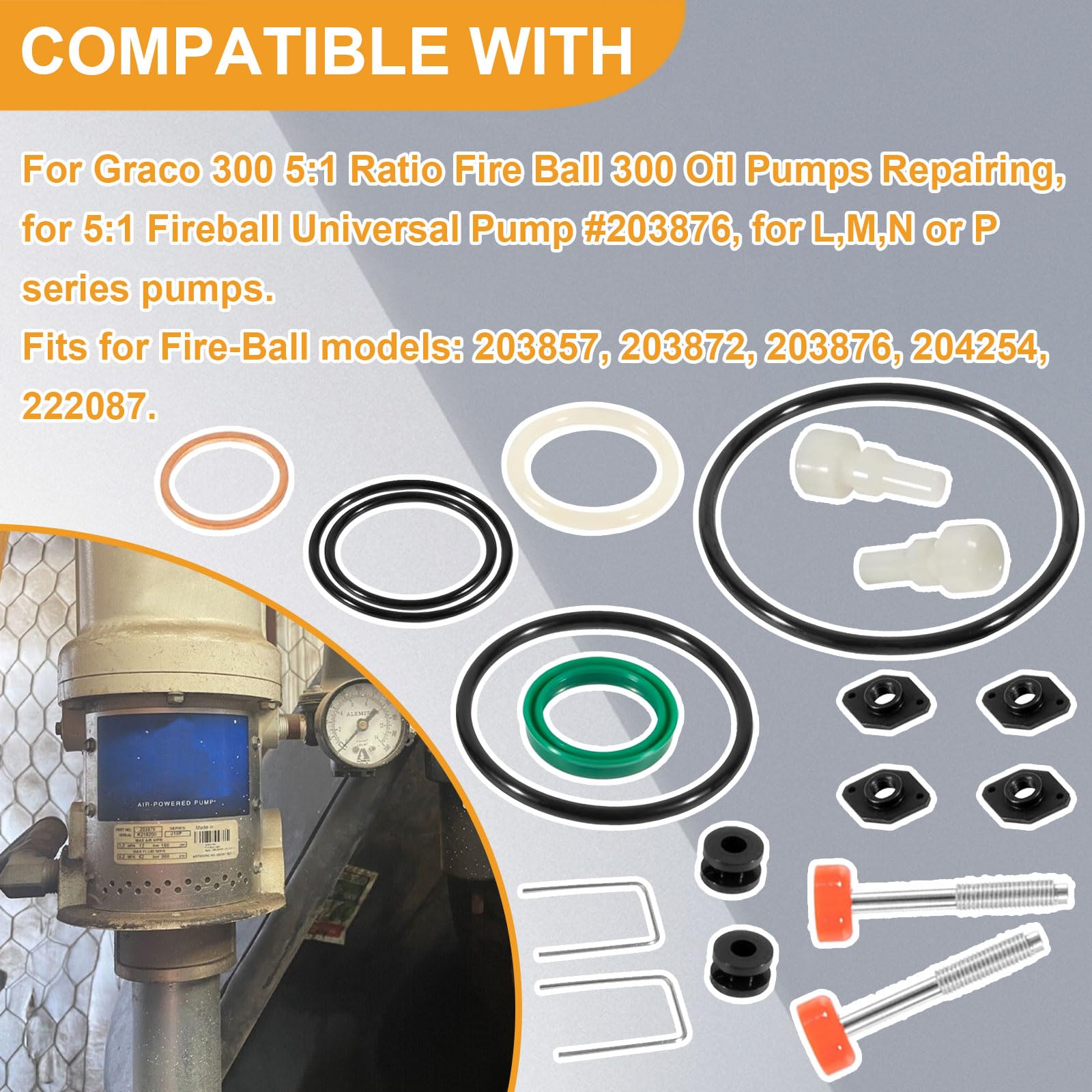 Graco 5:1 Ratio Fire Ball 300 Oil Pump Repair Kit - Compatible with Air Motors & Universal Pumps - Replacement Parts for Maintenance & Fixes - Ideal for Industrial Equipment Repair & Hydraulic System Servicing