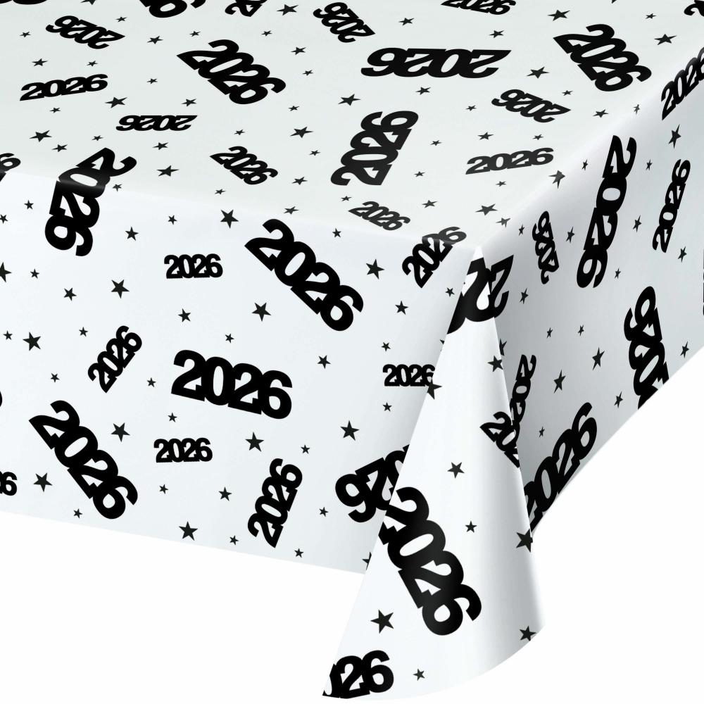 2026 New Year's Clear Plastic Table Cover, 54 x 108 Inches (1/Pkg) - Perfect for Holiday Parties, Banquets & Celebrations