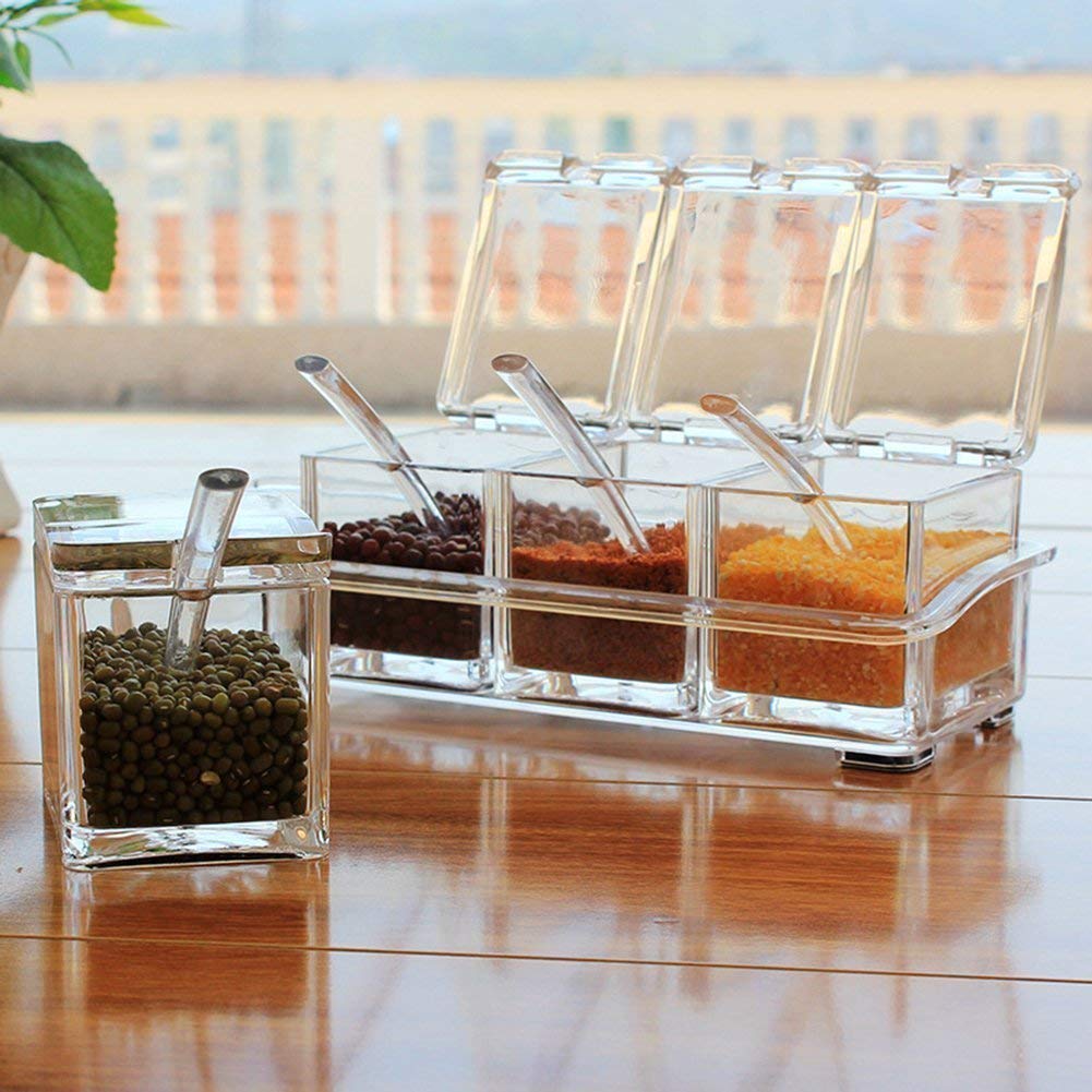 WII Masala Dani Plastic Transparent Spice Box Rack - 4 Containers with 4 Spoons Set for Sugar, Salt & Spices | Perfect for Home Kitchen, Restaurant & Hotel Storage | Ideal for Cooking, Baking & Meal Prep Organization