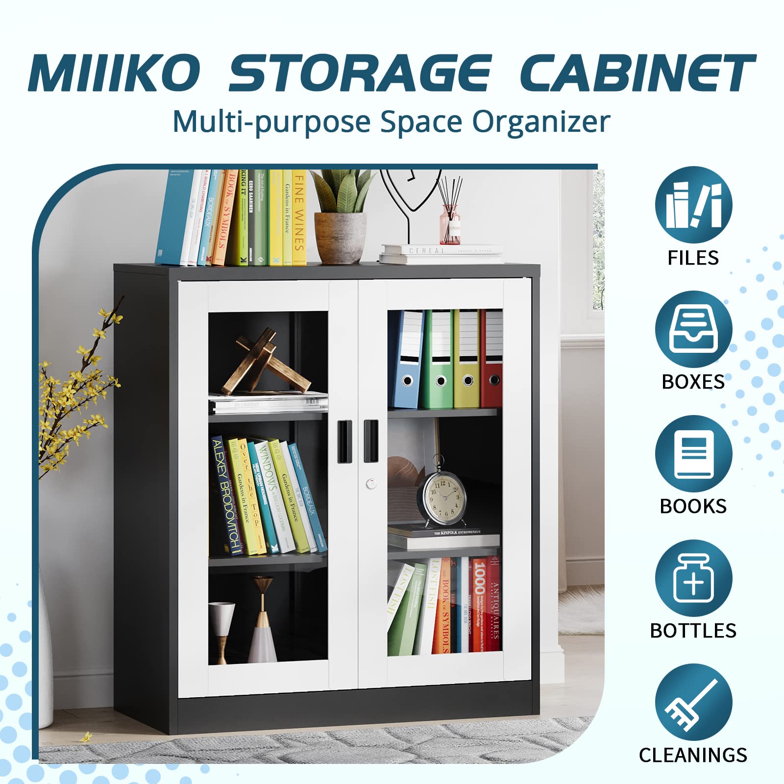 MIIIKO Metal Display Cabinet with Glass Doors & Lock - 2 Adjustable Shelves Storage Locker for Home, Office, School, Kitchen & Living Room - Perfect for Showcasing Collectibles, Storing Valuables & Organizing Spaces