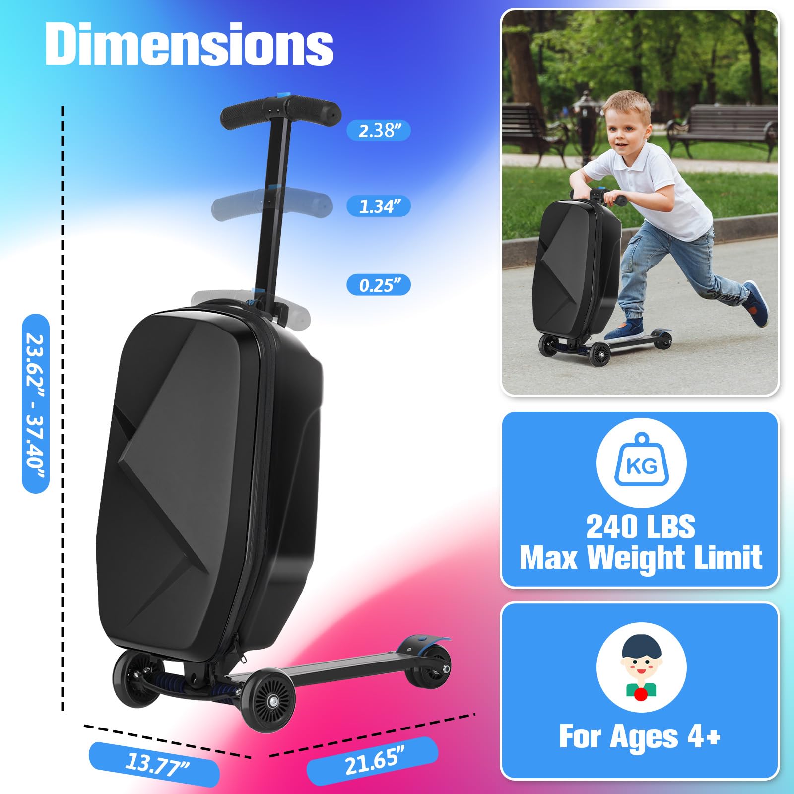 Kids & Adults Ride-On Scooter Luggage - Lightweight Foldable Hardside Carry-On Suitcase with Wheels for Ages 4-15, Multifunctional Travel Suitcase for Children & Teenagers (Charcoal Black) - Perfect for Airports, Family Vacations & School Trips