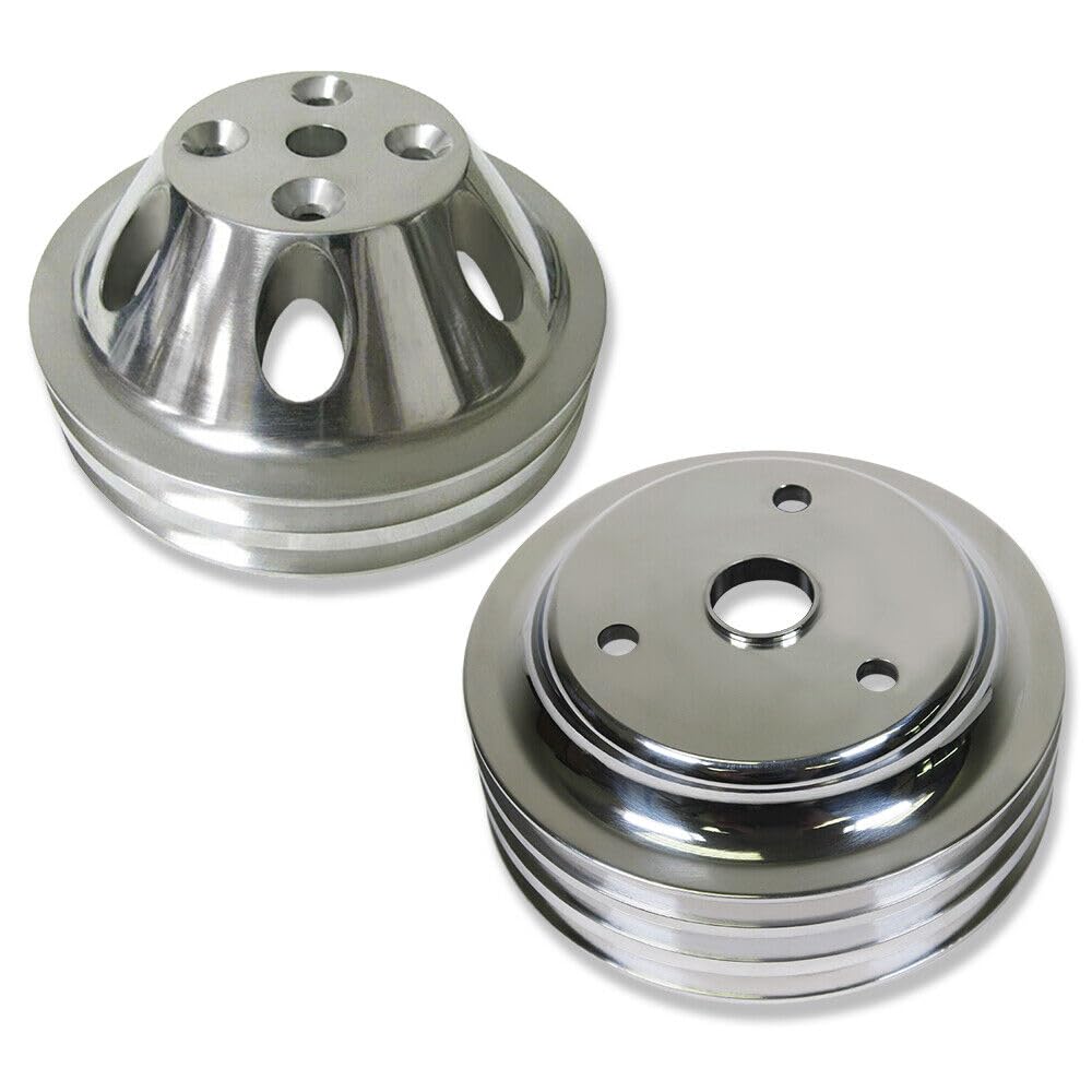 Chrome Aluminum Upper Water Pump & Crankshaft Pulley Kit for SBC Chevy 265 283 305 327 350 383 400 - 2 Groove Water Pump & 3 Groove Crank Pulley - Compatible with Long Water Pump (LWP) - Perfect for Engine Performance Upgrades & Restoration Projects