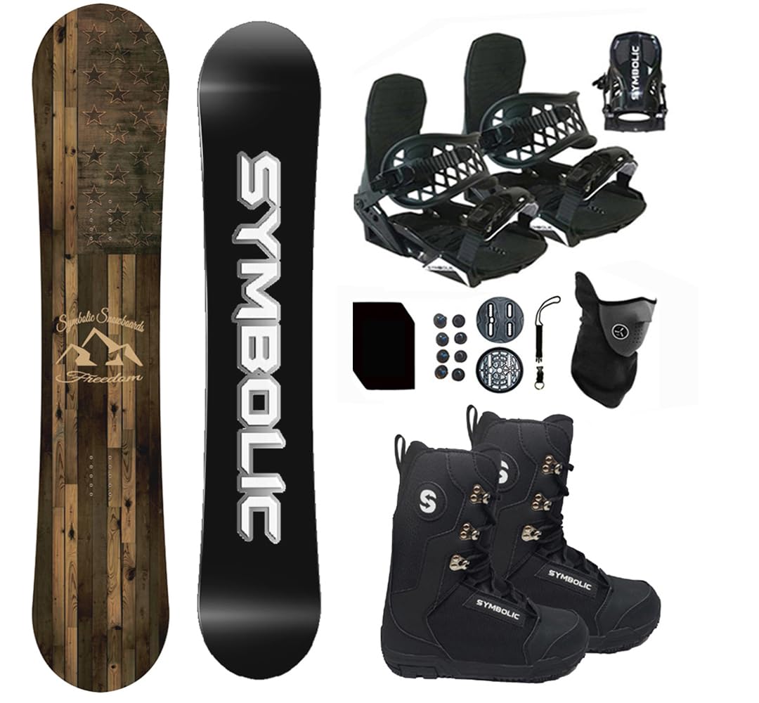 Symbolic Freedom Flag Women's Complete Snowboard Package with Bindings, Boots, Leash & Stomp Pad - Perfect for Winter Sports, Mountain Adventures & Snowboarding Enthusiasts