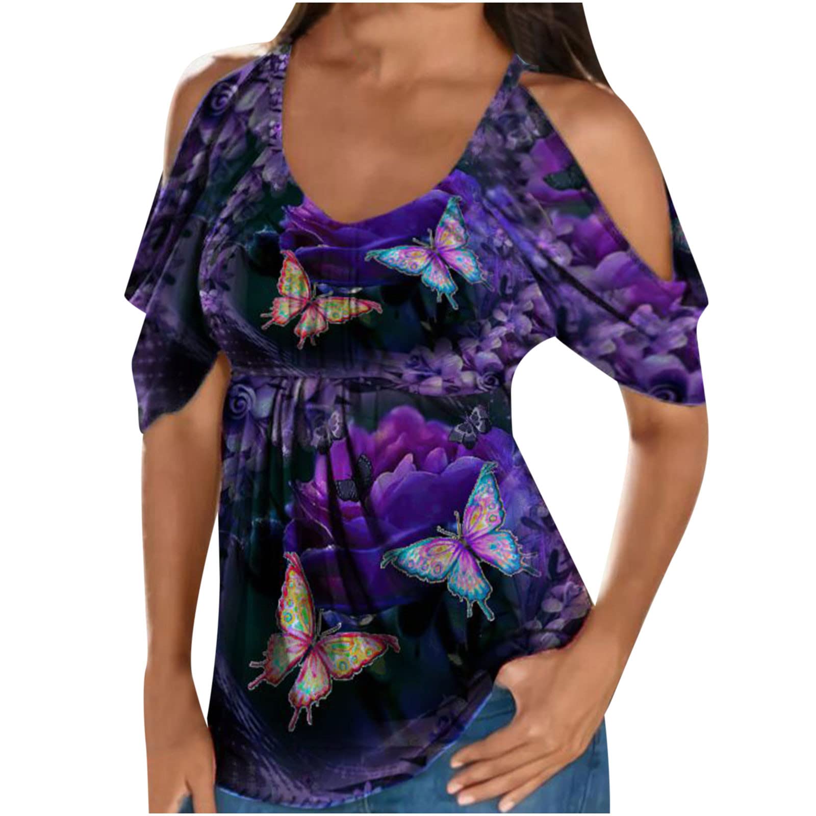 Women's Sexy Cold Shoulder T-Shirt - Summer Casual Loose Short Sleeve Blouse with Round Neck & Floral Print | Perfect for Beach Outings, Date Nights & Summer Parties