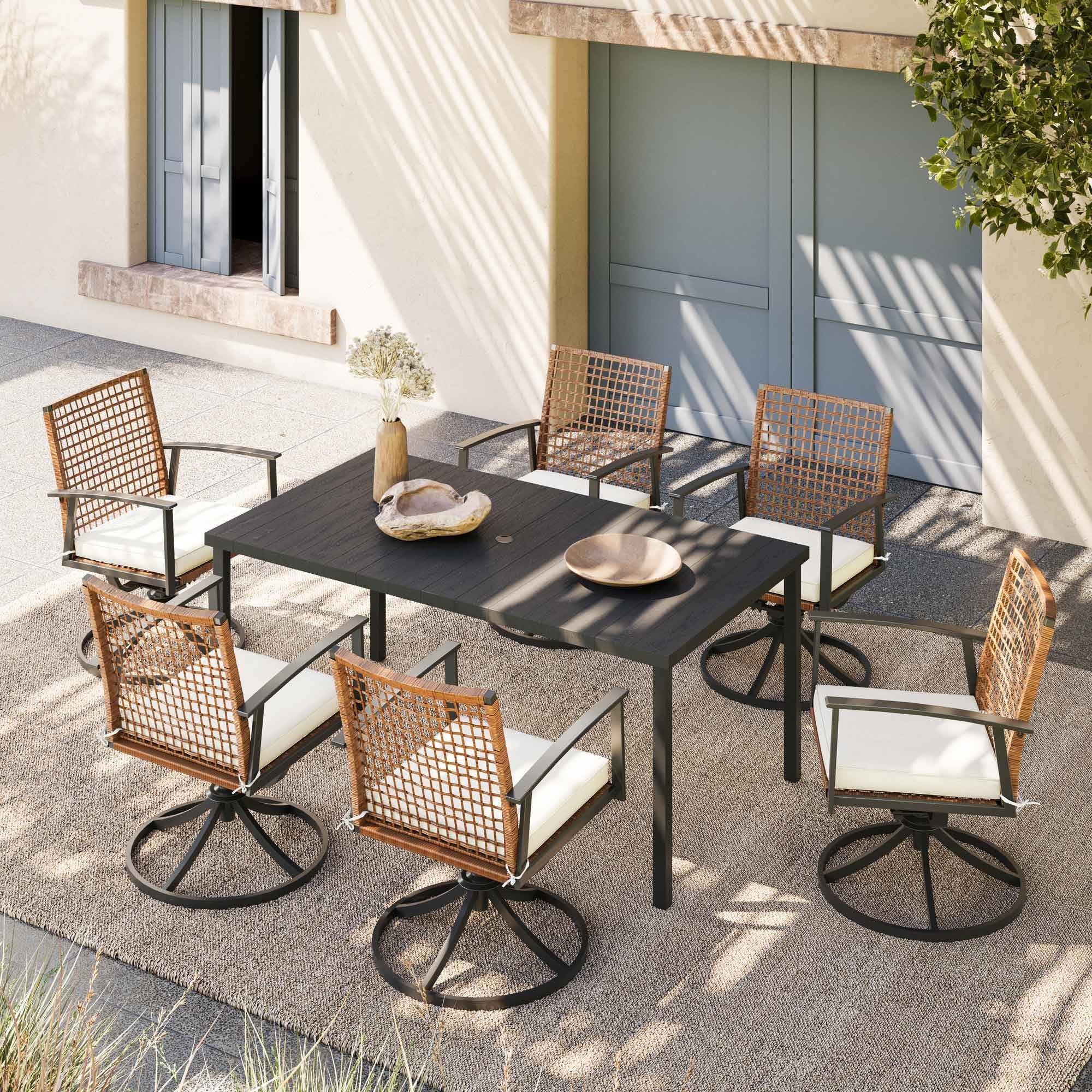 LUSAINT HOME 7-Piece Patio Dining Set - 6 Swivel Chairs with Soft Cushions & Iron Slat Table with Umbrella Hole, Durable Outdoor Furniture for Backyard, Garden, Poolside or Deck | Weather-Resistant Conversation Set for Entertaining Guests