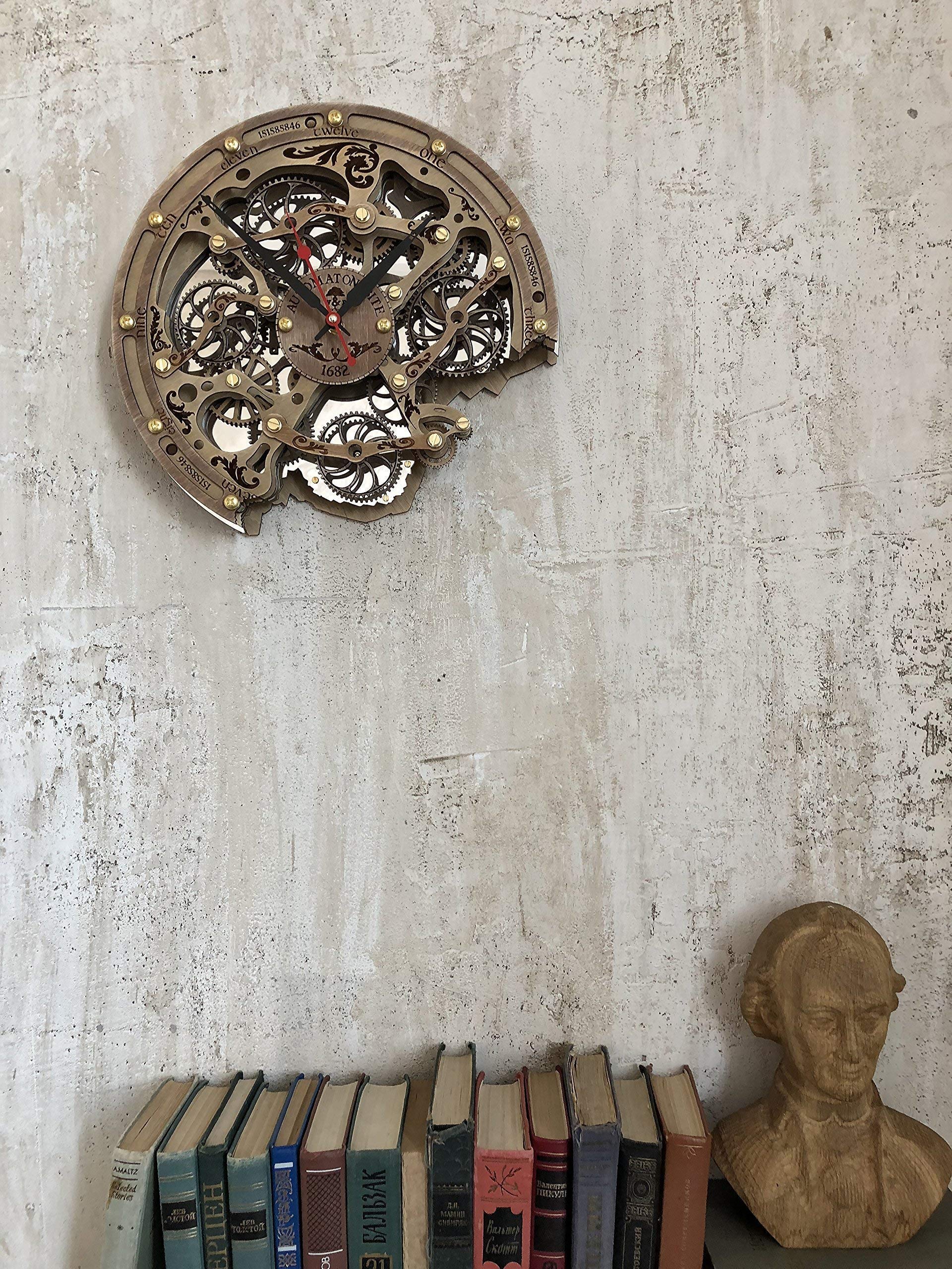 Handcrafted Steampunk Wall Clock with Moving Gears - Automaton Bite 1682 Woody by WOODANDROOT | Unique Transparent Design, Large Personalized Anniversary Gift for Home & Office Decor | Perfect for Living Room, Study or Steampunk-Themed Spaces