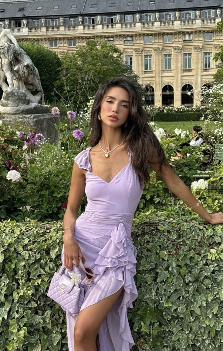 Elegant Light Purple Ruffle Prom Dress with High Slit - Formal Evening Gown for Homecoming, Wedding & Special Occasions | Style J6591