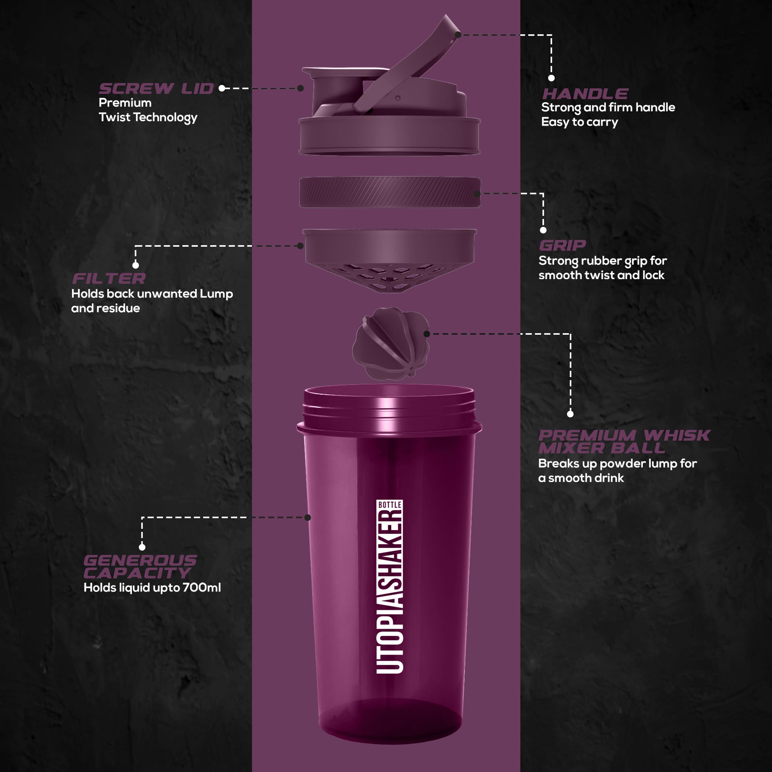 Utopia Home 28-Ounce Protein Shaker Bottle (Pack of 2) - BPA-Free Fitness & Sports Drink Mixer for Protein Powder, Pre-Workout & Smoothies - Perfect for Gym, Workout & Post-Exercise Recovery (Plum & Clear/Plum)